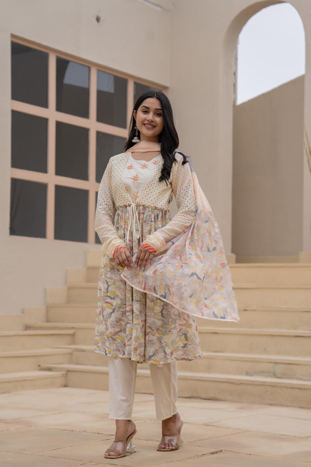 Juniper Ivory Embroidered & Printed Layered Dress Set with Dupatta - Distacart