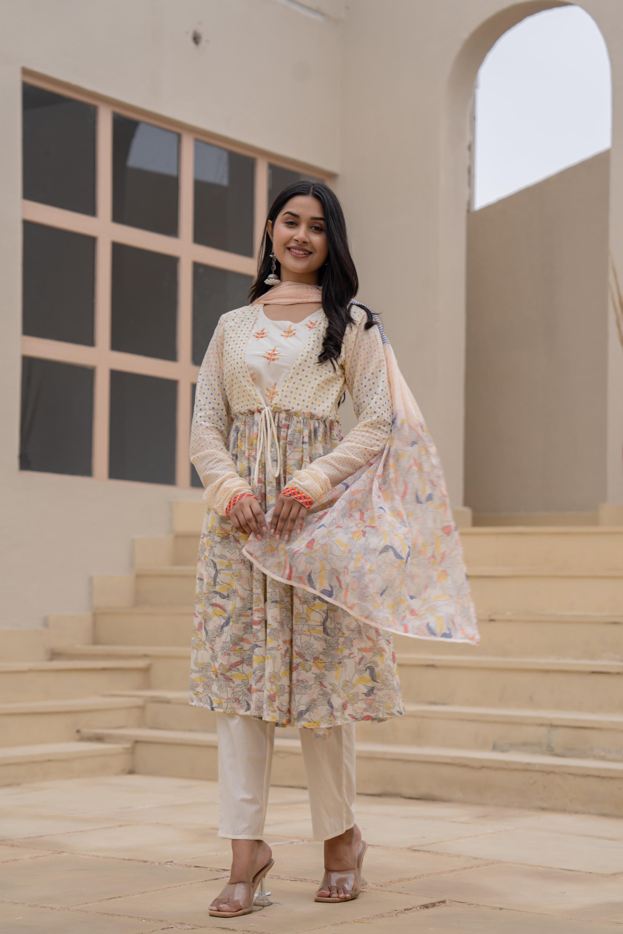 Juniper Ivory Embroidered & Printed Layered Dress Set with Dupatta - Distacart