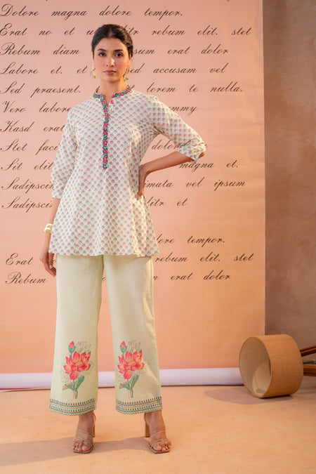 Juniper PistaGreen Blossom Kurta Set with Printed Palazzos