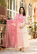 Juniper Ivory Ethnic Motif Printed Cotton Kurta Palazzo And Dupatta Set With Thread & Mirror Work