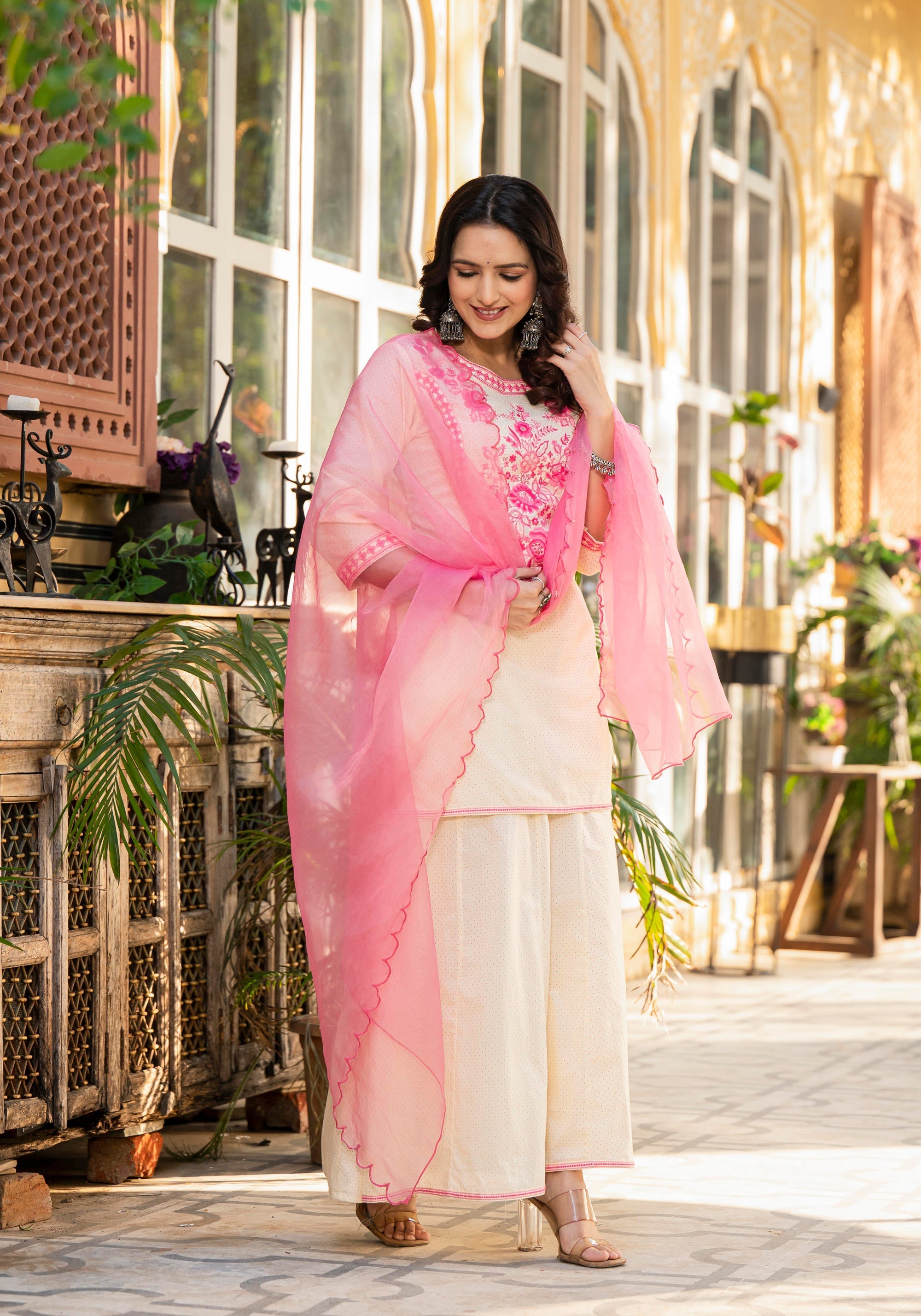 Juniper Ivory Ethnic Motif Printed Cotton Kurta Palazzo And Dupatta Set With Thread & Mirror Work