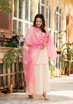 Juniper Ivory Ethnic Motif Printed Cotton Kurta Palazzo And Dupatta Set With Thread & Mirror Work - Distacart