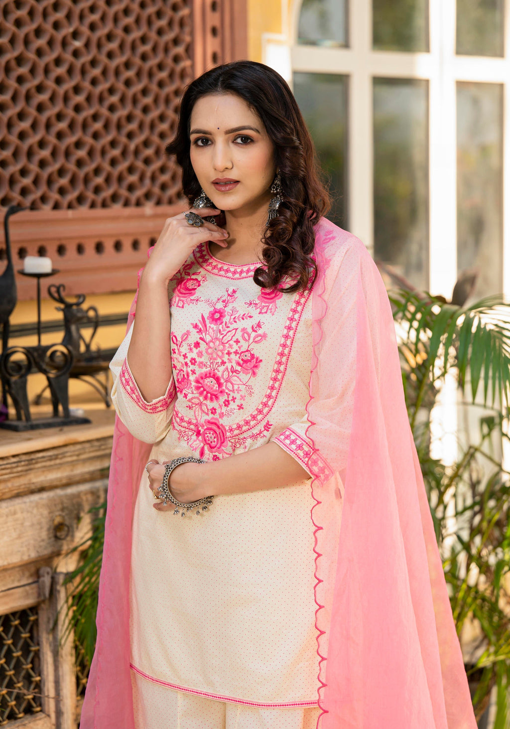 Juniper Ivory Ethnic Motif Printed Cotton Kurta Palazzo And Dupatta Set With Thread & Mirror Work - Distacart