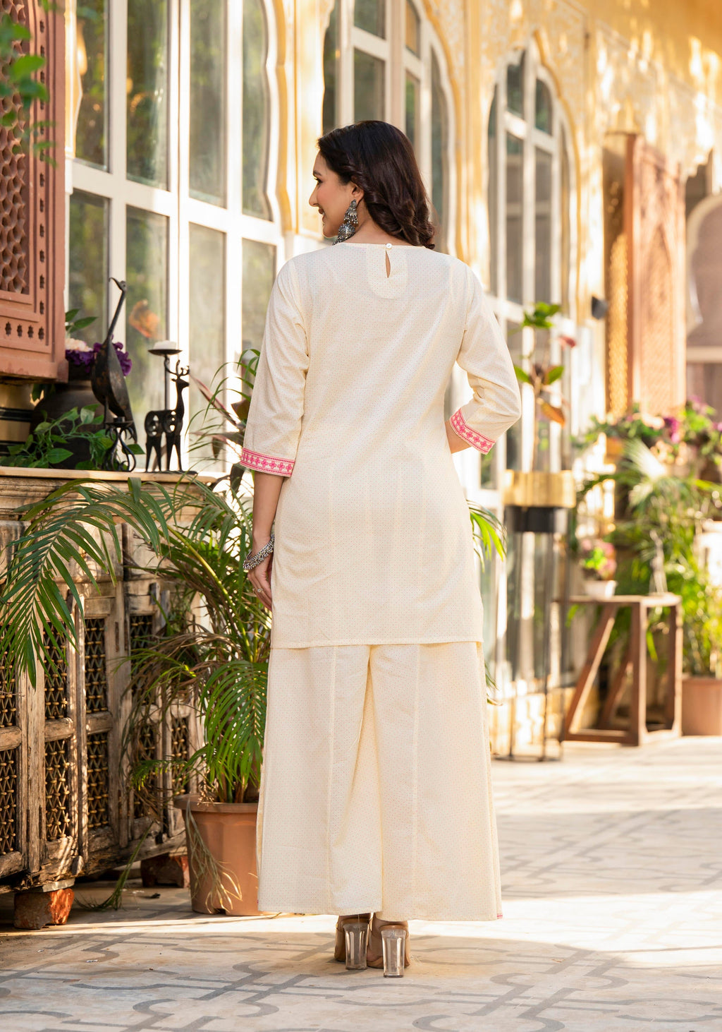 Juniper Ivory Ethnic Motif Printed Cotton Kurta Palazzo And Dupatta Set With Thread & Mirror Work