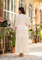 Juniper Ivory Ethnic Motif Printed Cotton Kurta Palazzo And Dupatta Set With Thread & Mirror Work - Distacart