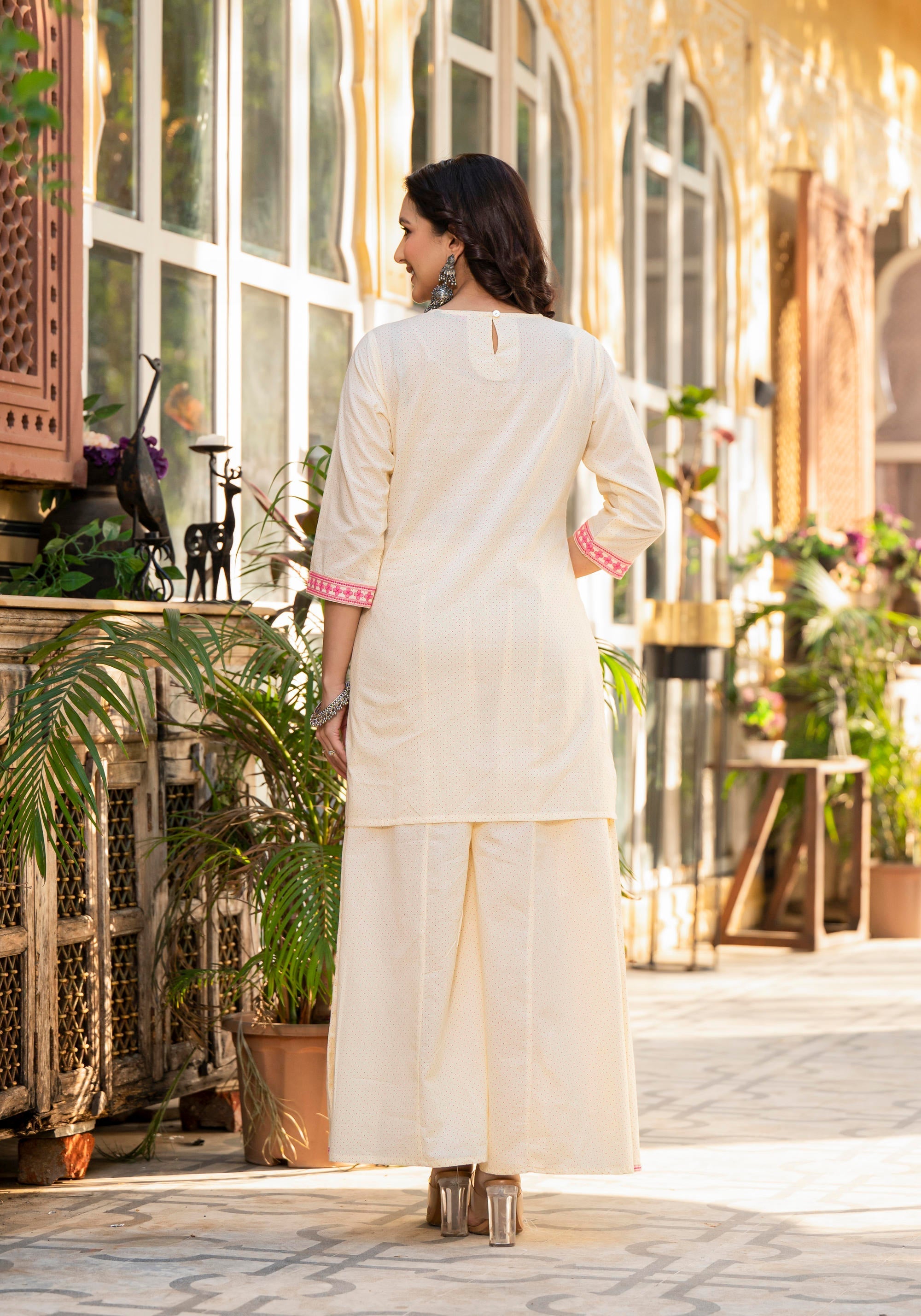 Juniper Ivory Ethnic Motif Printed Cotton Kurta Palazzo And Dupatta Set With Thread & Mirror Work - Distacart