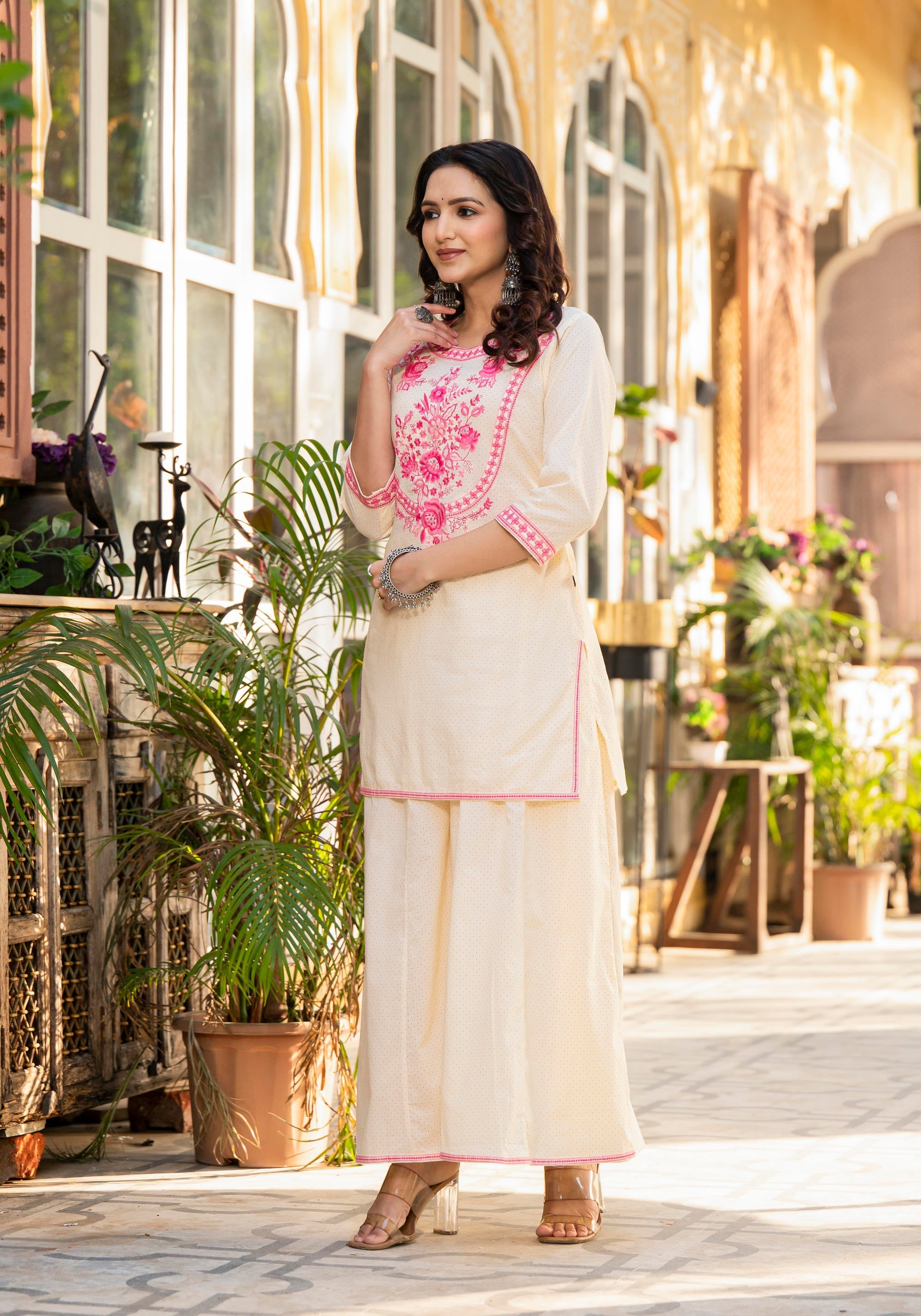 Juniper Ivory Ethnic Motif Printed Cotton Kurta Palazzo And Dupatta Set With Thread & Mirror Work