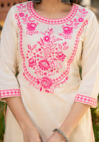 Juniper Ivory Ethnic Motif Printed Cotton Kurta Palazzo And Dupatta Set With Thread & Mirror Work