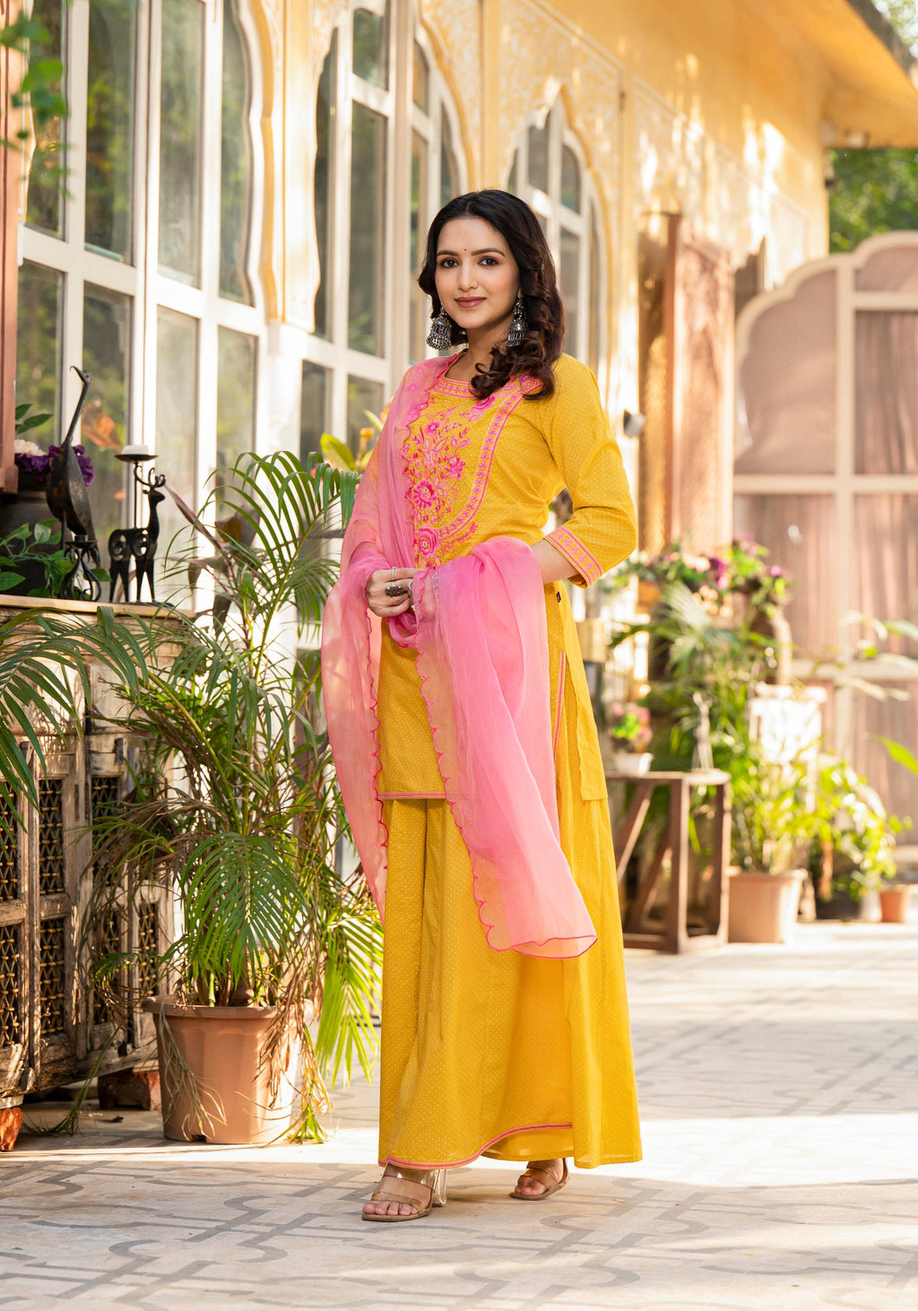 Juniper Mustard Ethnic Motif Printed Cotton Kurta Palazzo And Dupatta Set With Thread & Mirror Work - Distacart