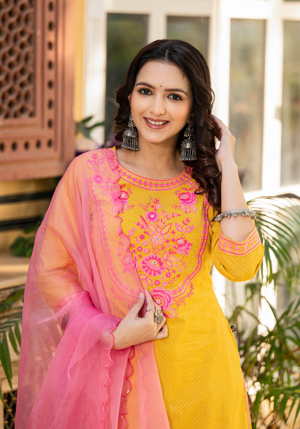 Juniper Mustard Ethnic Motif Printed Cotton Kurta Palazzo And Dupatta Set With Thread & Mirror Work - Distacart