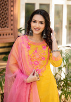 Juniper Mustard Ethnic Motif Printed Cotton Kurta Palazzo And Dupatta Set With Thread & Mirror Work - Distacart
