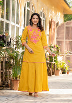 Juniper Mustard Ethnic Motif Printed Cotton Kurta Palazzo And Dupatta Set With Thread & Mirror Work