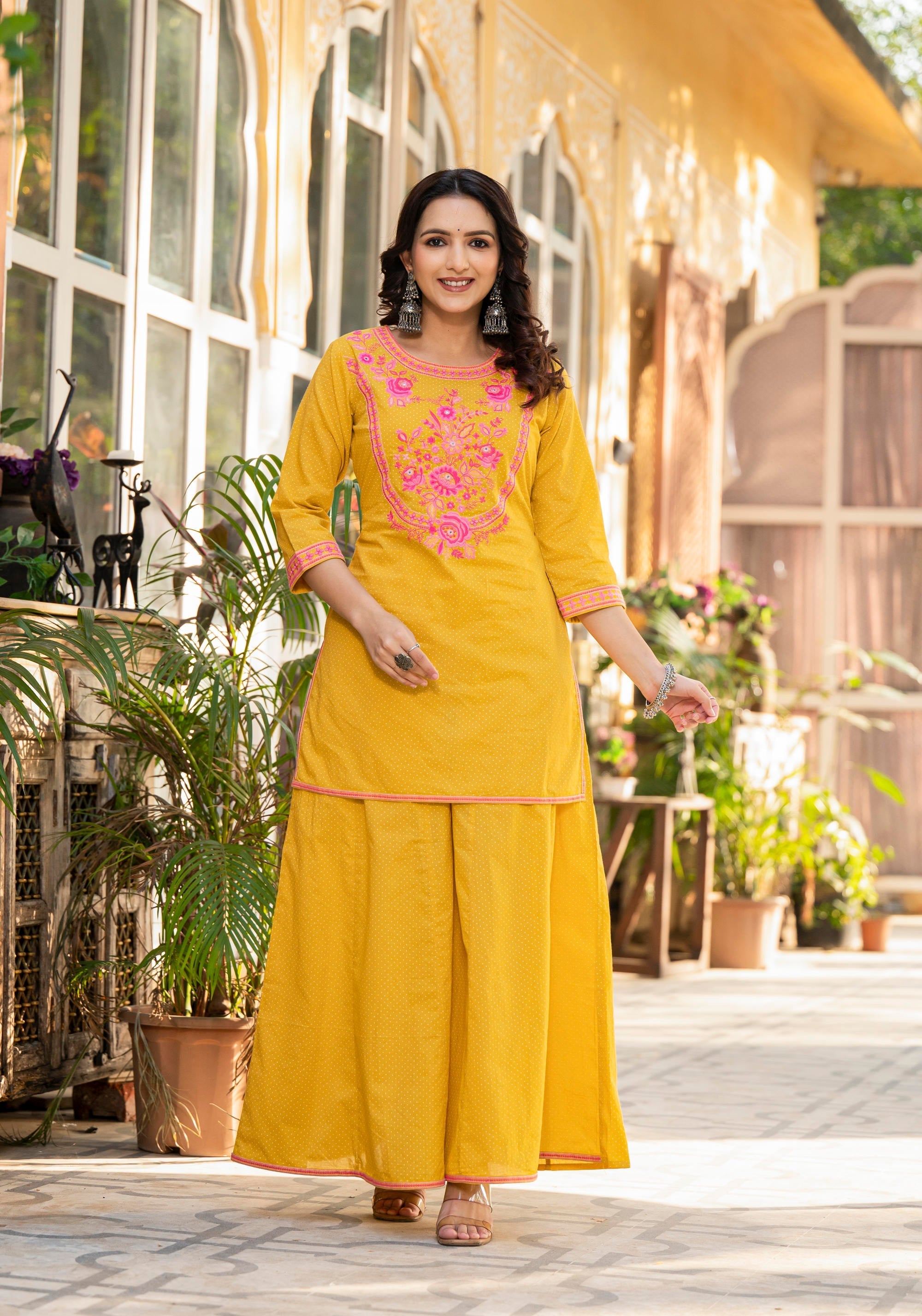 Juniper Mustard Ethnic Motif Printed Cotton Kurta Palazzo And Dupatta Set With Thread & Mirror Work
