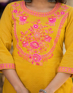 Juniper Mustard Ethnic Motif Printed Cotton Kurta Palazzo And Dupatta Set With Thread & Mirror Work