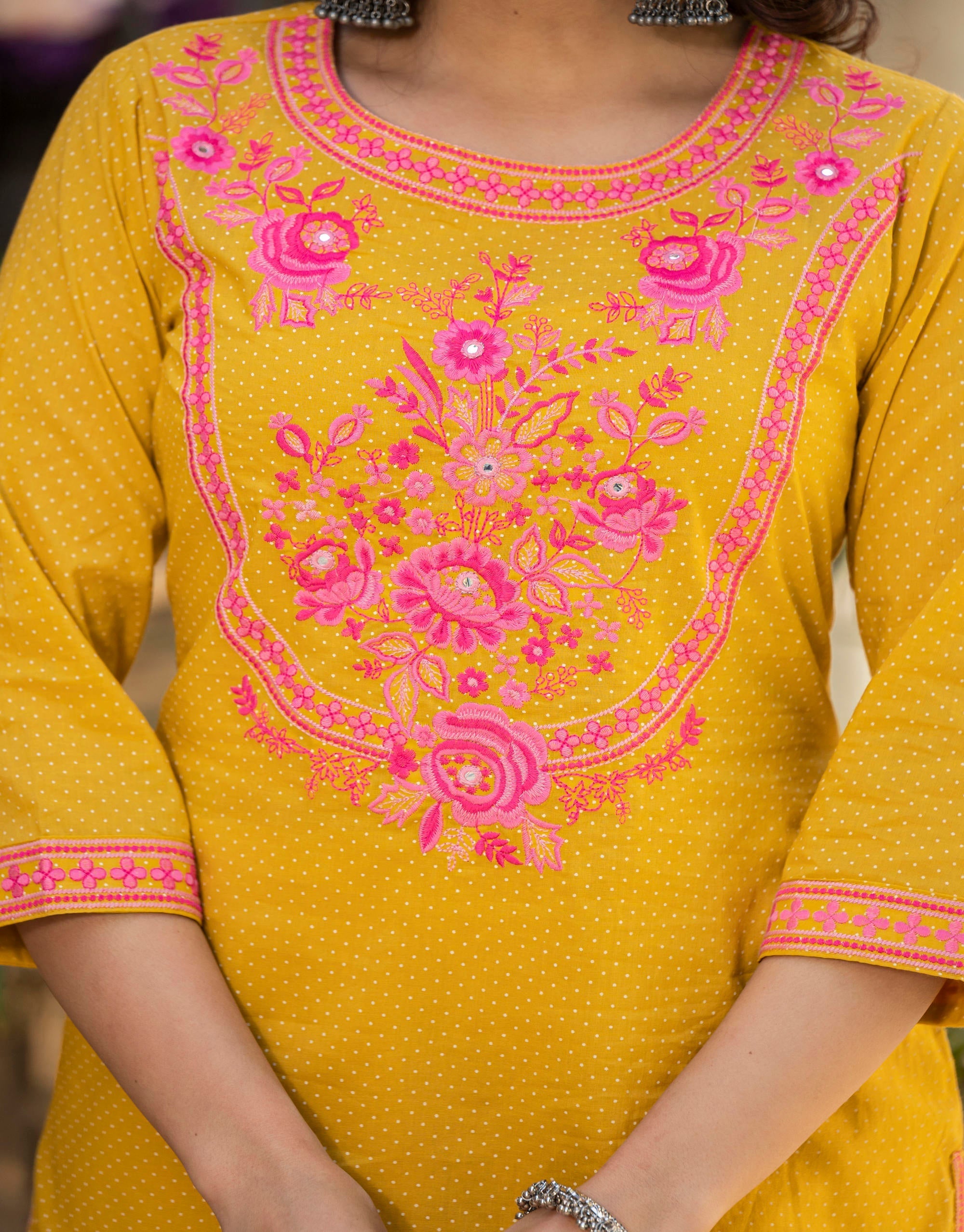 Juniper Mustard Ethnic Motif Printed Cotton Kurta Palazzo And Dupatta Set With Thread & Mirror Work