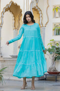 Juniper Blue Solid Cotton Long Dress With Lace - Distacart