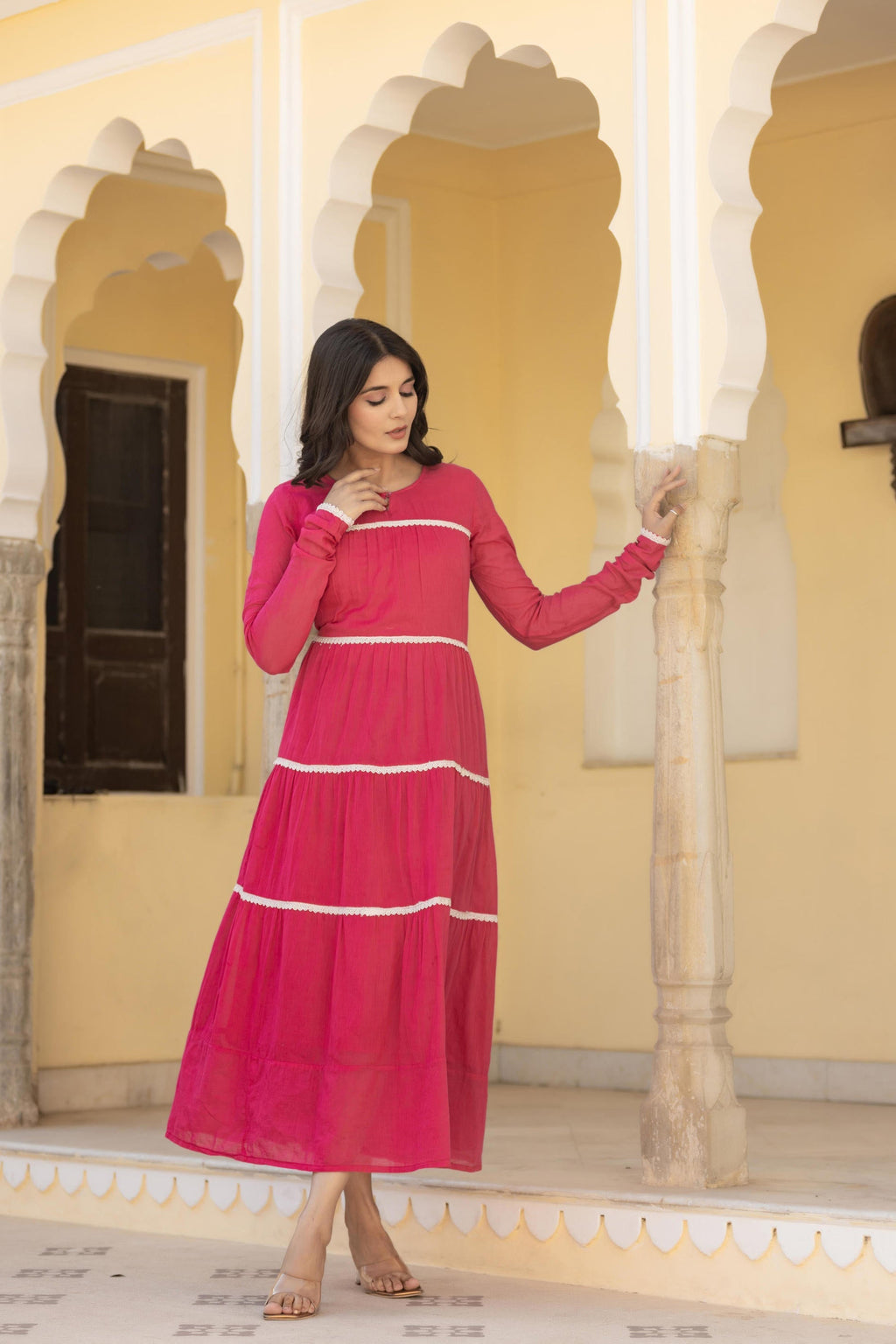 Juniper Fuchsia Tiered Ethnic Maxi Dress with Lace Inserts - Distacart