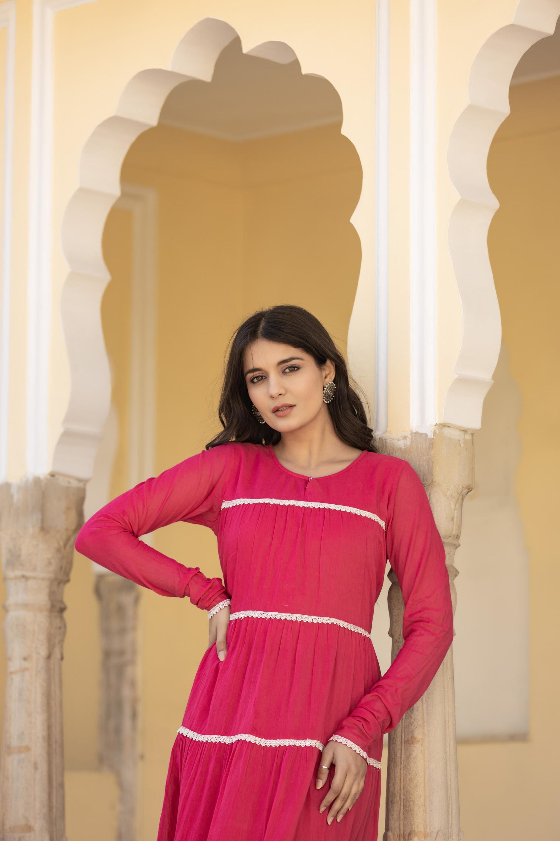 Juniper Fuchsia Tiered Ethnic Maxi Dress with Lace Inserts - Distacart