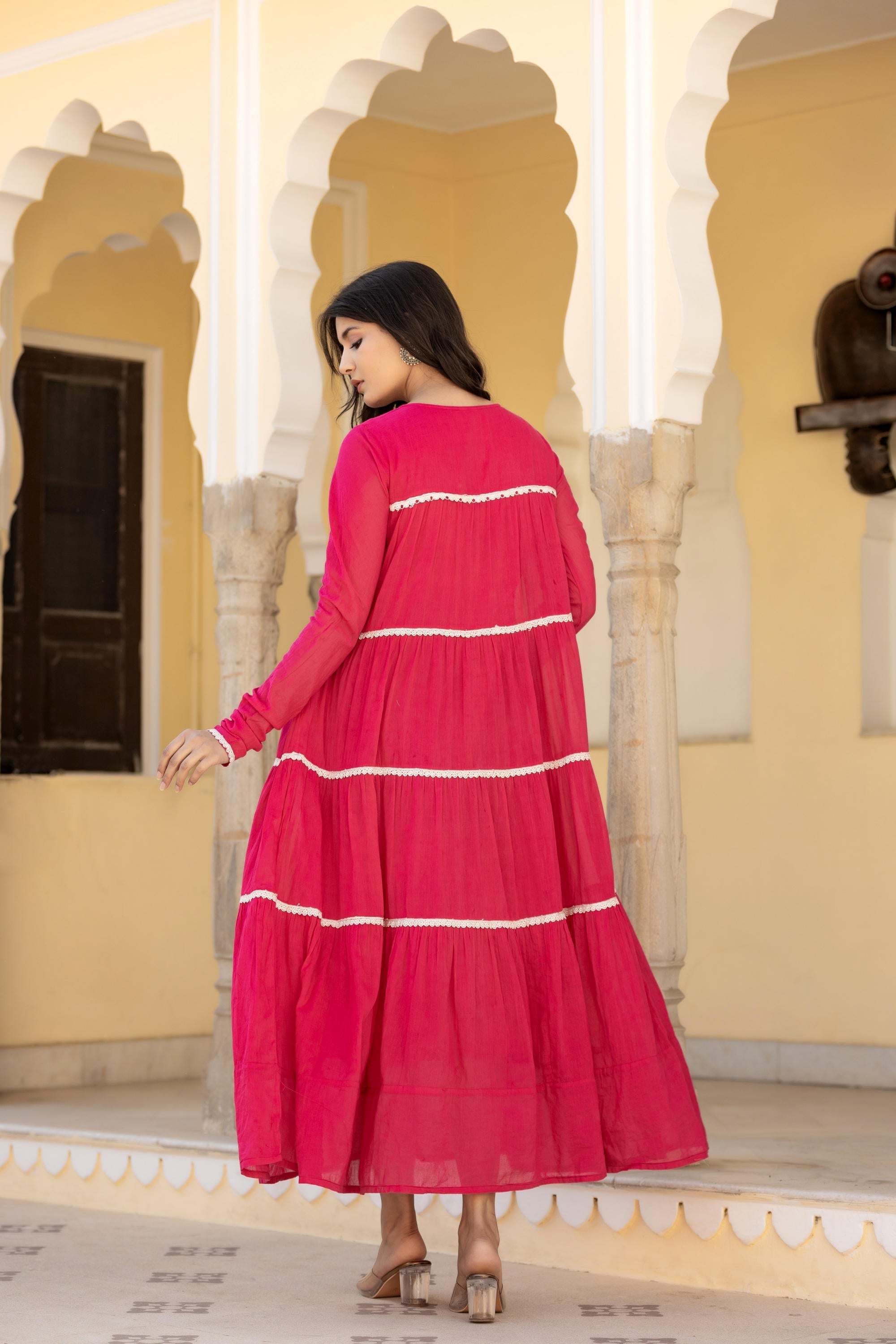 Juniper Fuchsia Tiered Ethnic Maxi Dress with Lace Inserts - Distacart
