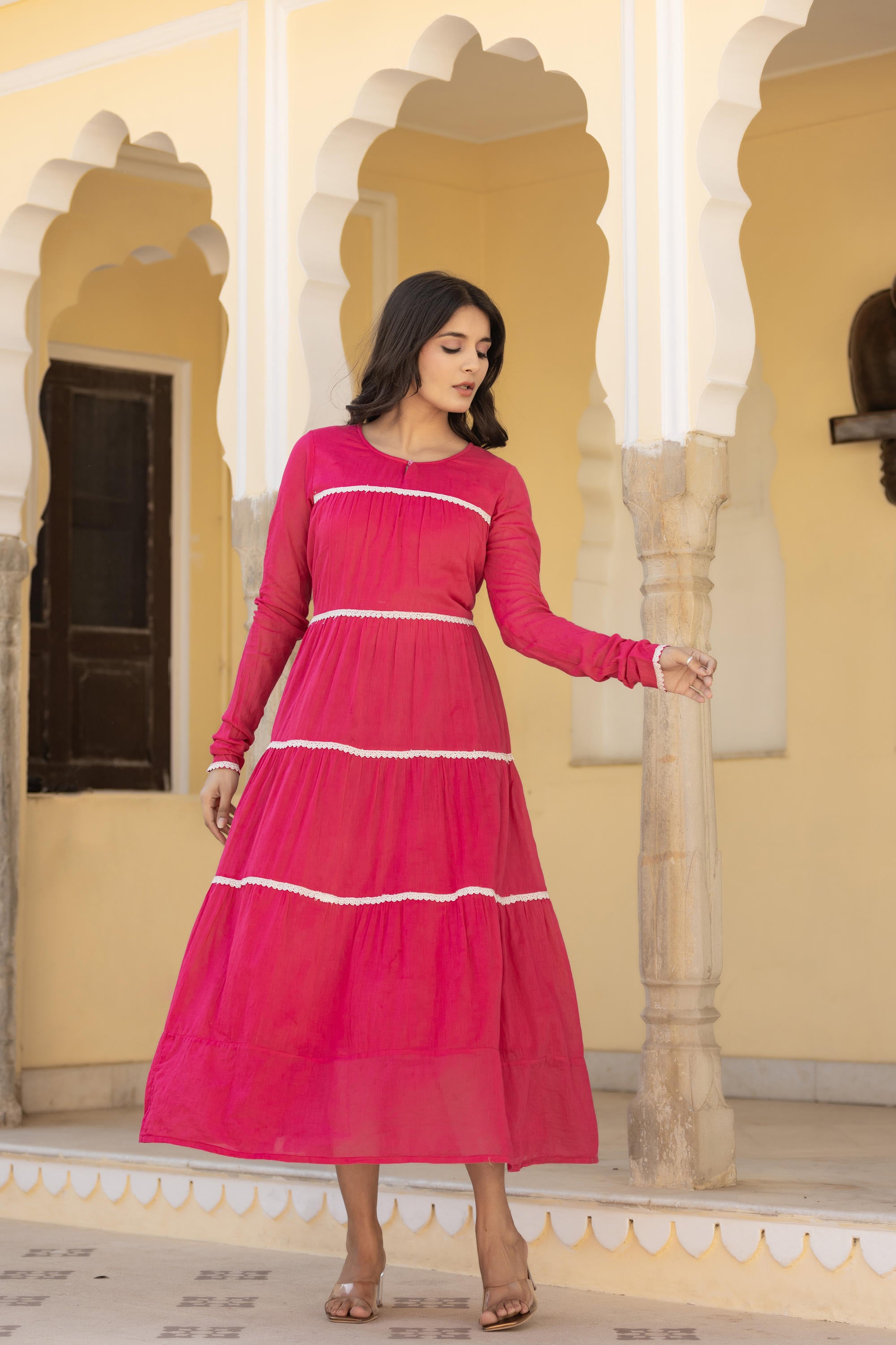 Juniper Fuchsia Tiered Ethnic Maxi Dress with Lace Inserts - Distacart