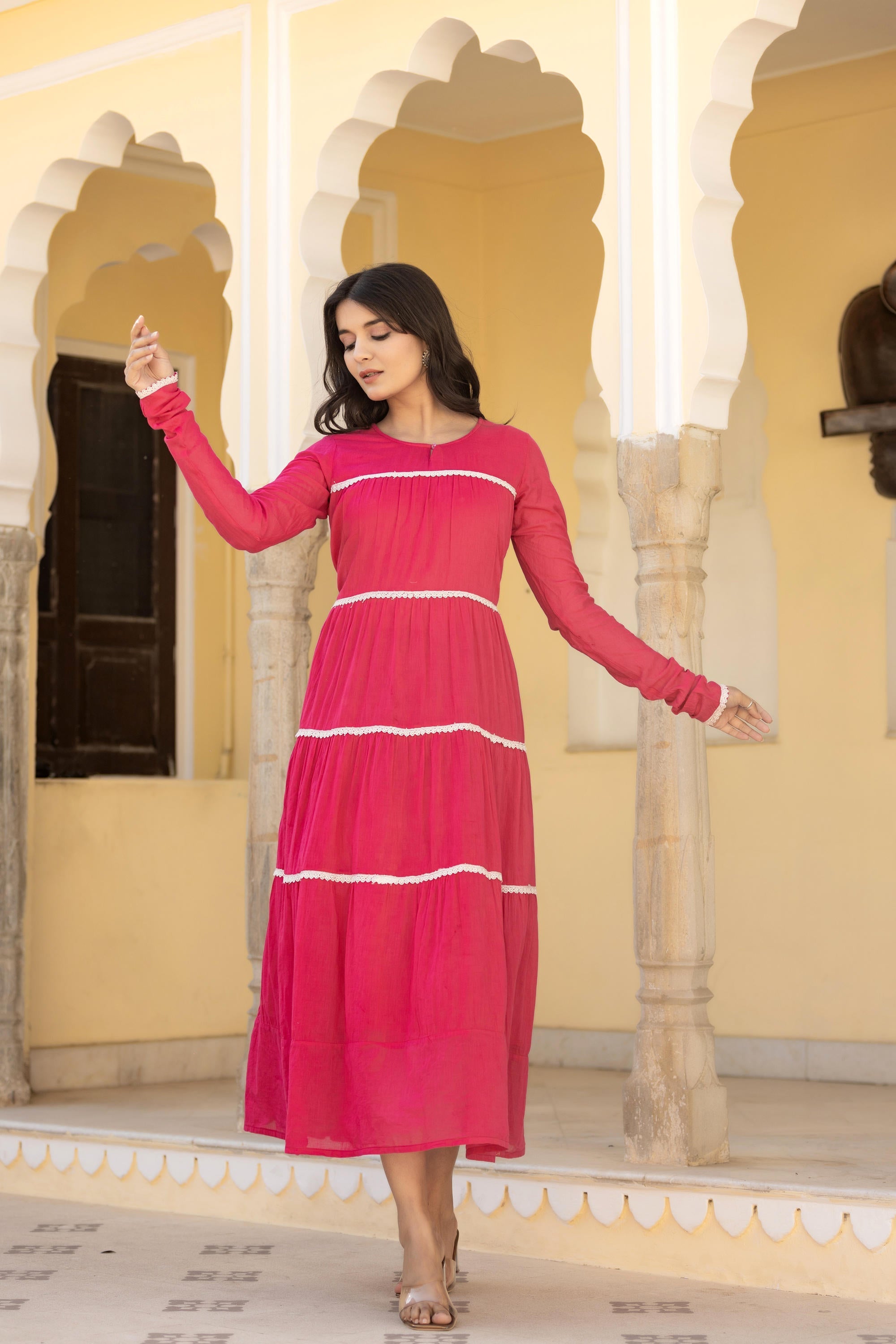Juniper Fuchsia Tiered Ethnic Maxi Dress with Lace Inserts - Distacart