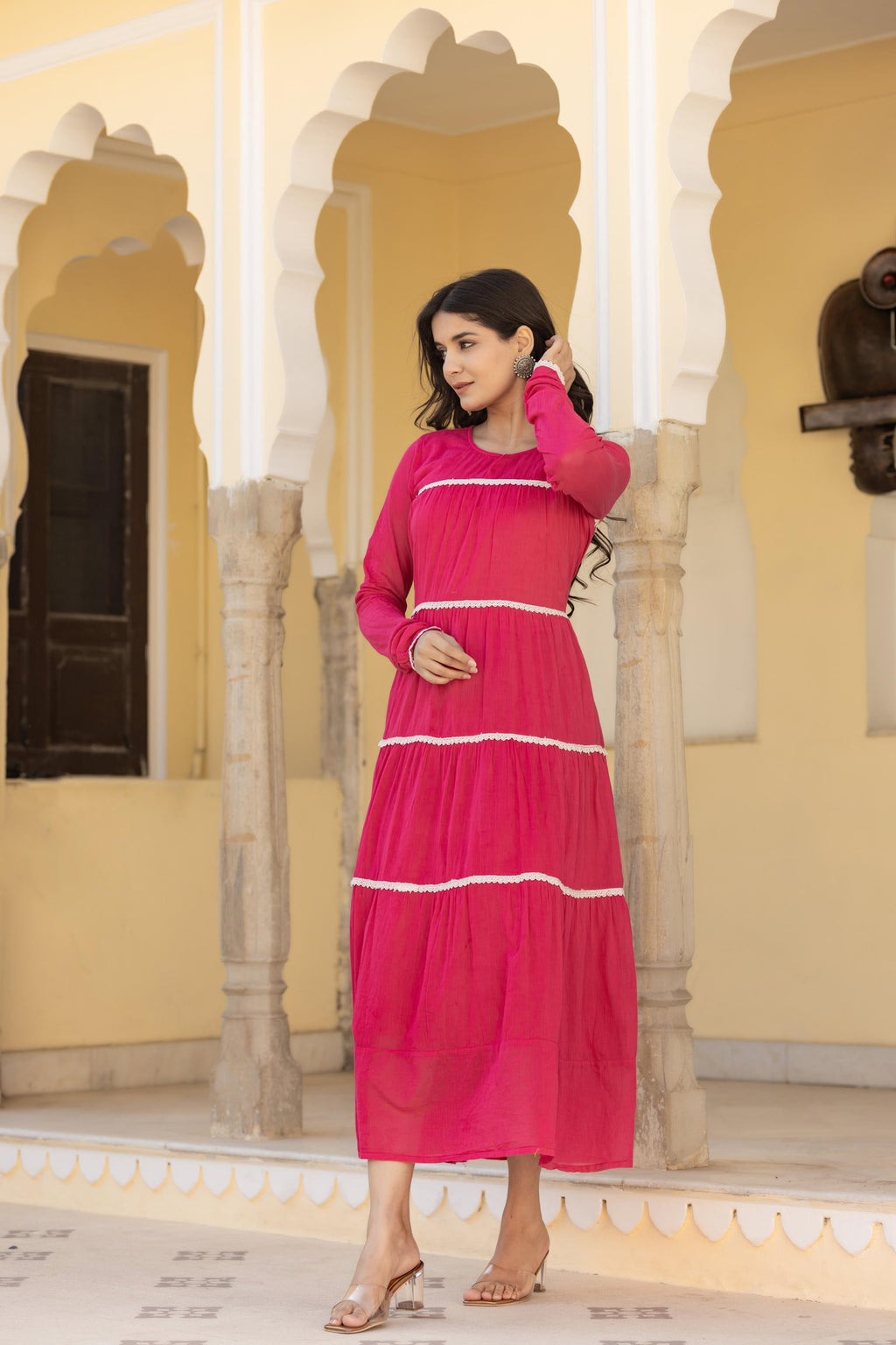 Juniper Fuchsia Tiered Ethnic Maxi Dress with Lace Inserts - Distacart