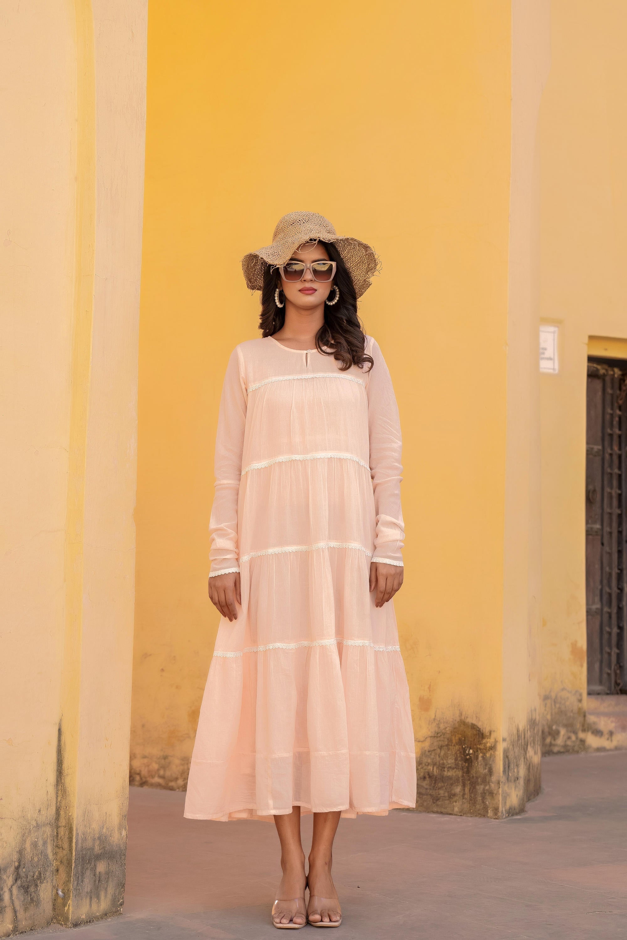 Juniper Peach Tiered Ethnic Maxi Dress with Lace Inserts - Distacart