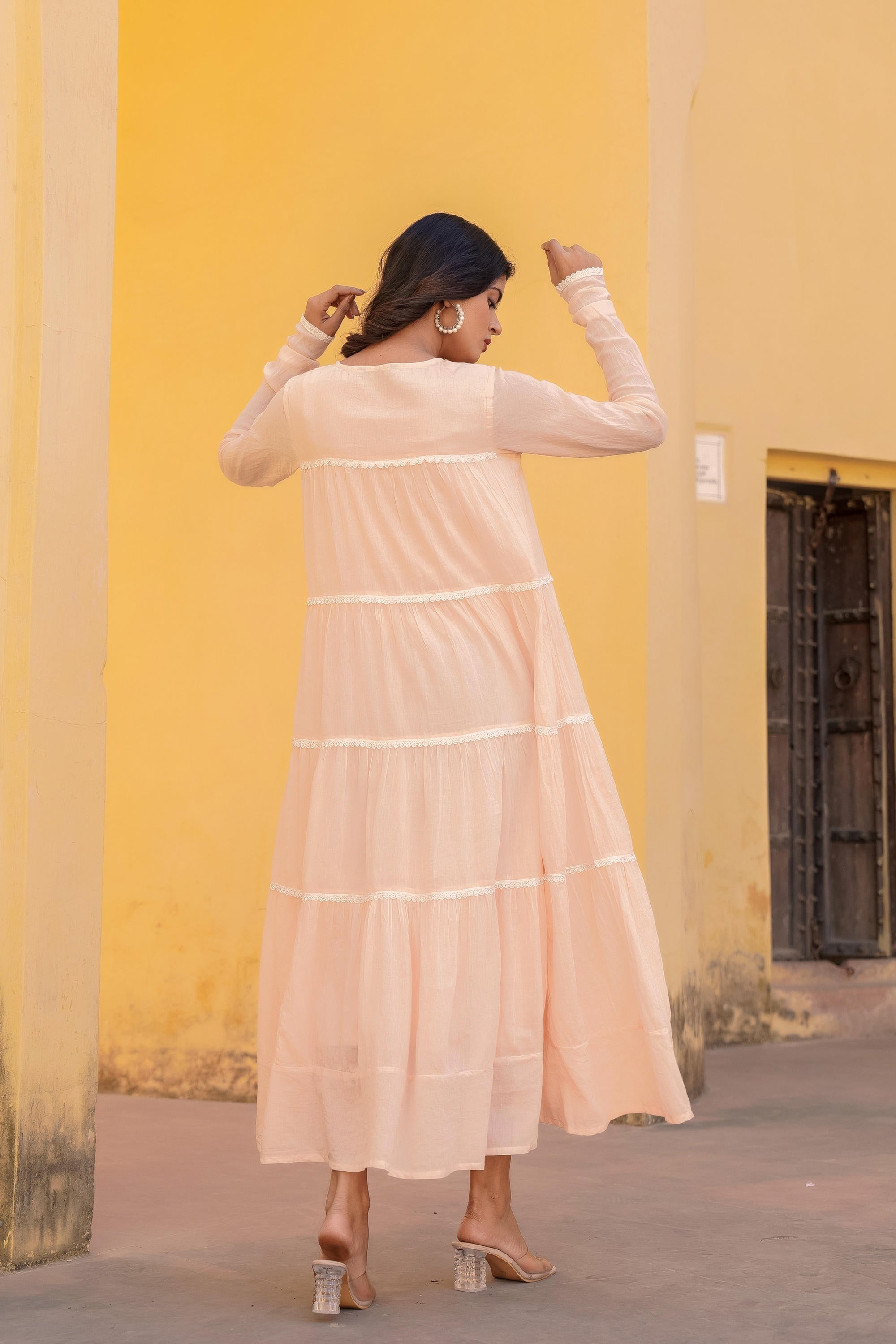 Juniper Peach Tiered Ethnic Maxi Dress with Lace Inserts - Distacart