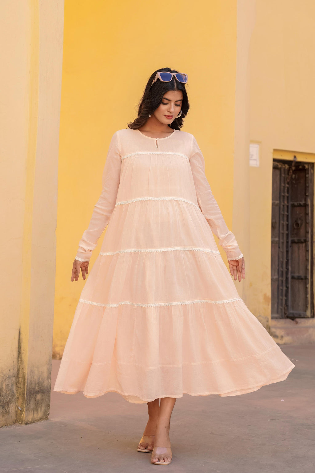 Juniper Peach Tiered Ethnic Maxi Dress with Lace Inserts - Distacart