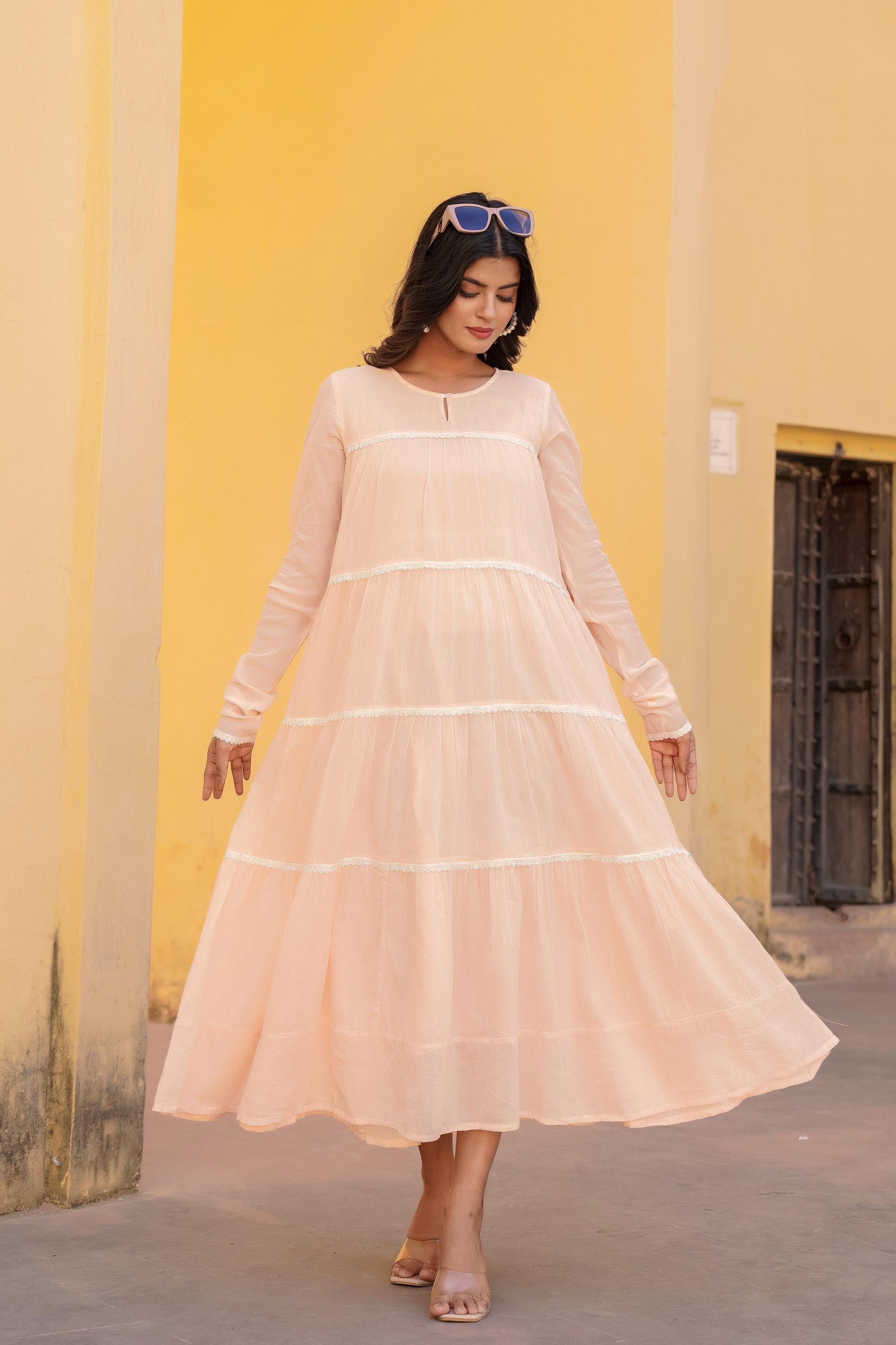 Juniper Peach Tiered Ethnic Maxi Dress with Lace Inserts - Distacart