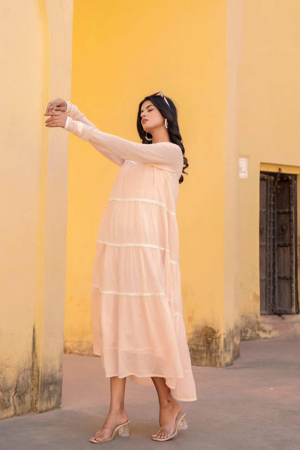 Juniper Peach Tiered Ethnic Maxi Dress with Lace Inserts - Distacart
