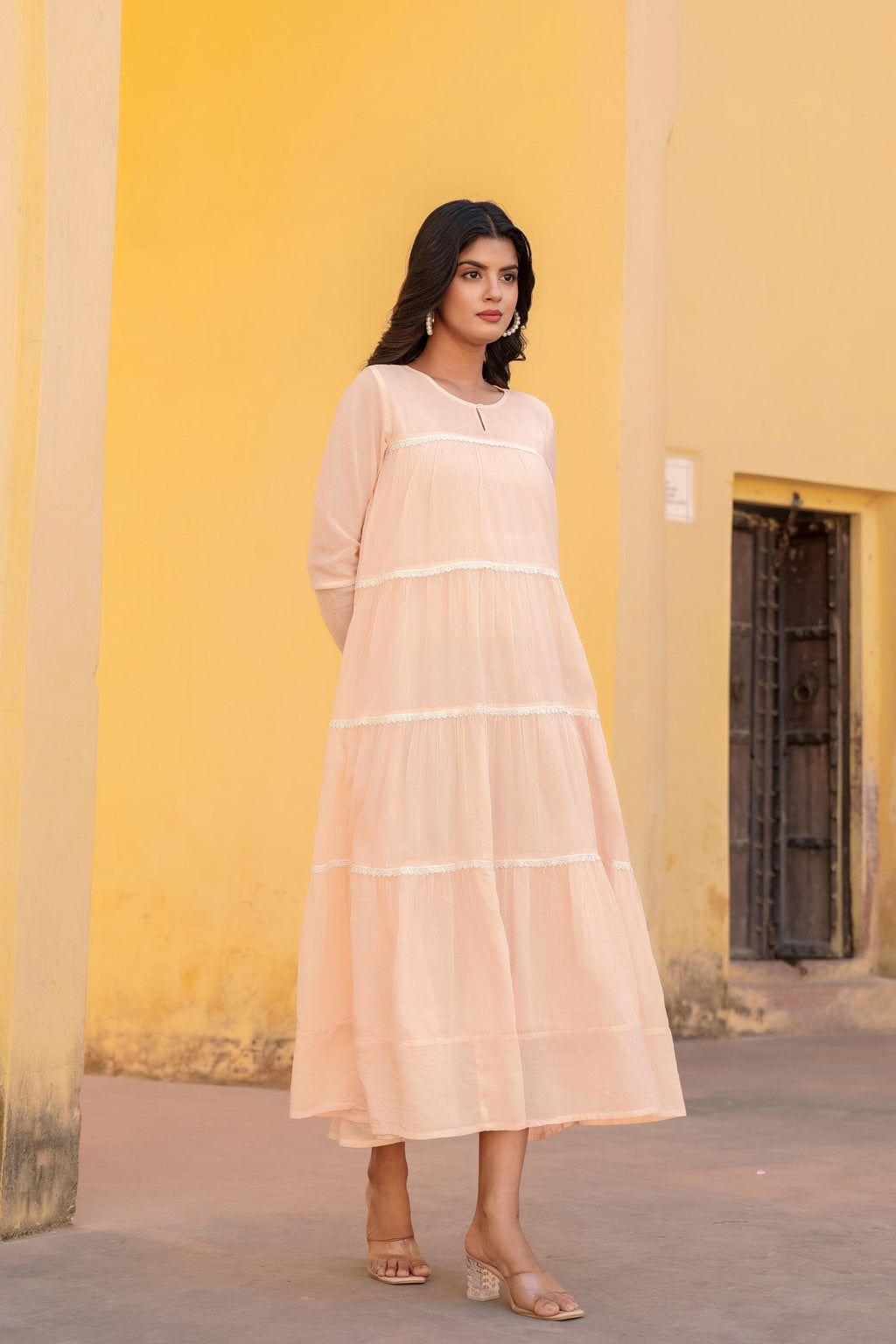 Juniper Peach Tiered Ethnic Maxi Dress with Lace Inserts - Distacart