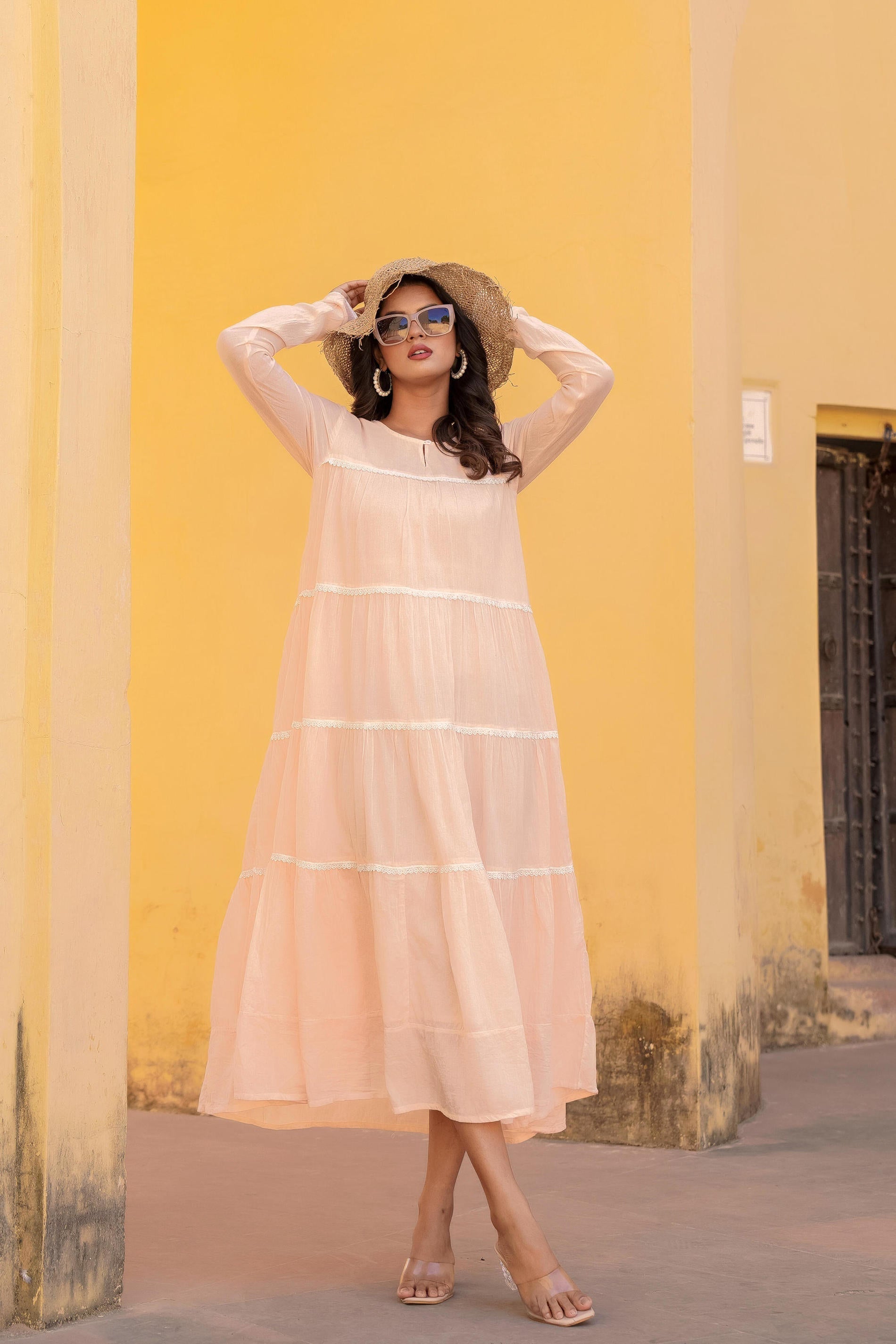 Juniper Peach Tiered Ethnic Maxi Dress with Lace Inserts - Distacart