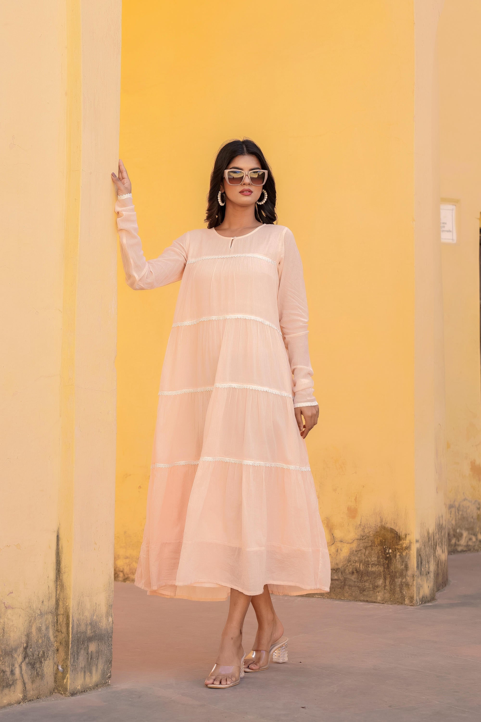 Juniper Peach Tiered Ethnic Maxi Dress with Lace Inserts - Distacart