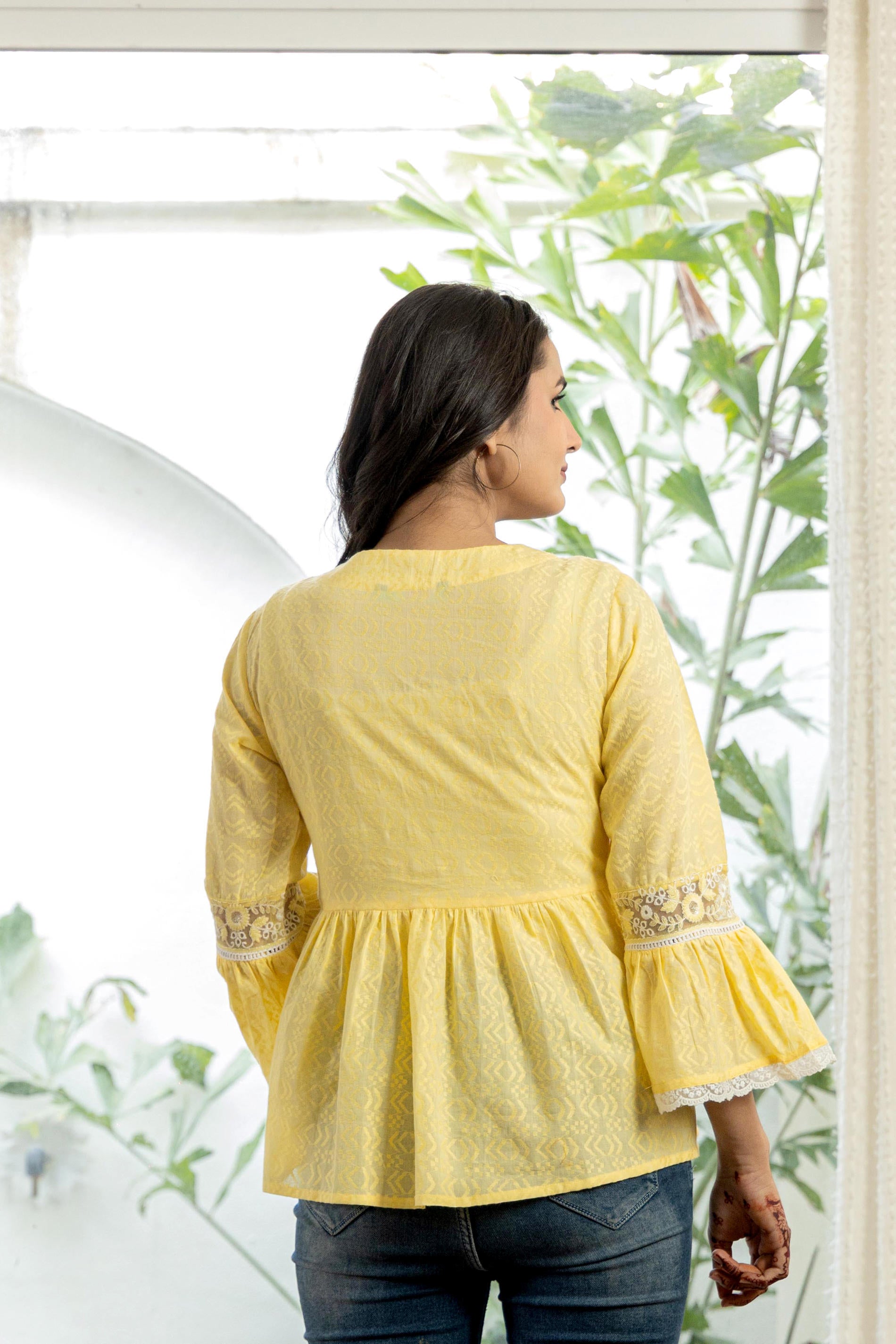 Juniper Lime Yellow Ethnic Peplum Top with Lace & Sequin Embroidery