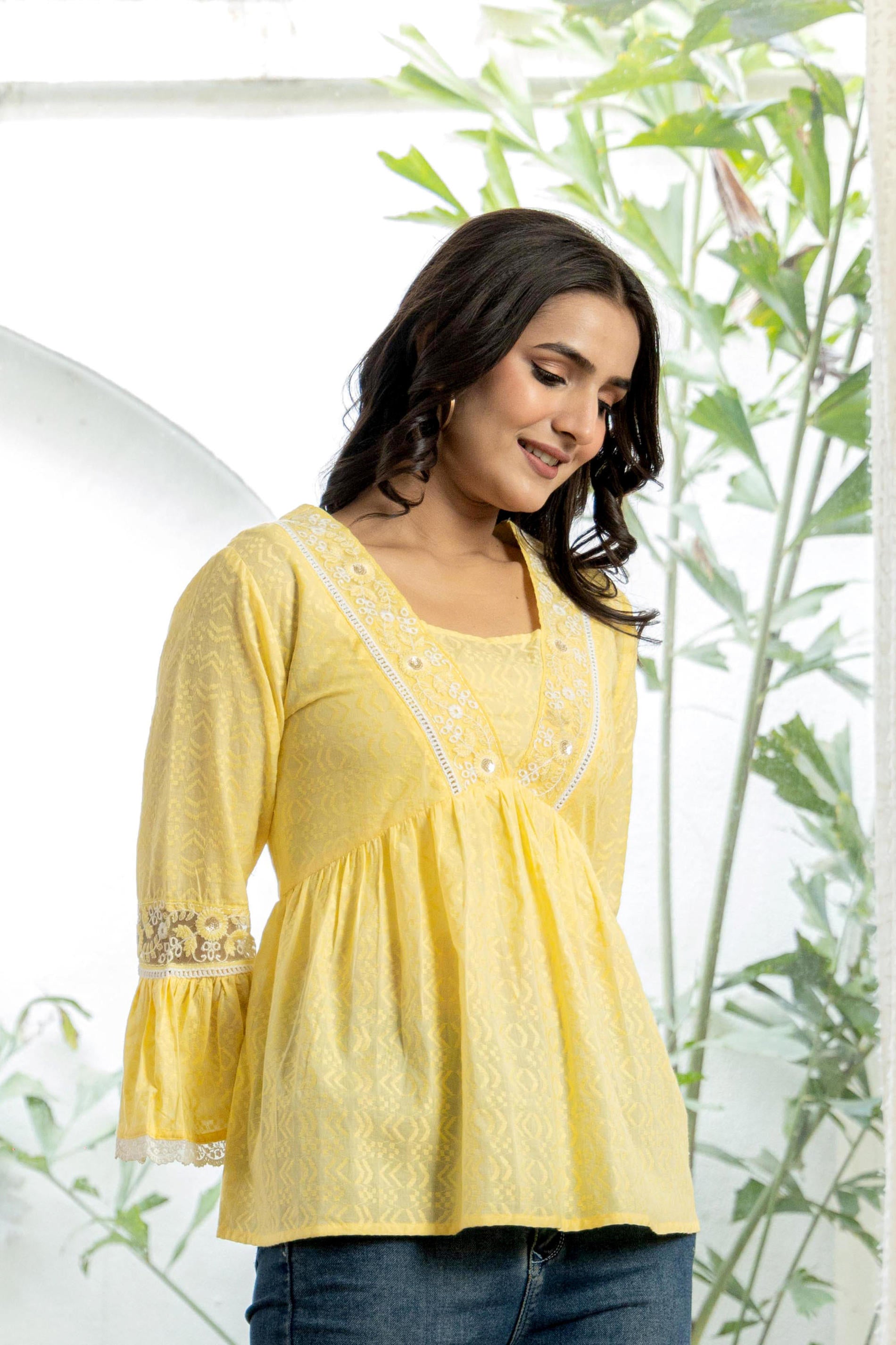 Juniper Lime Yellow Ethnic Peplum Top with Lace & Sequin Embroidery