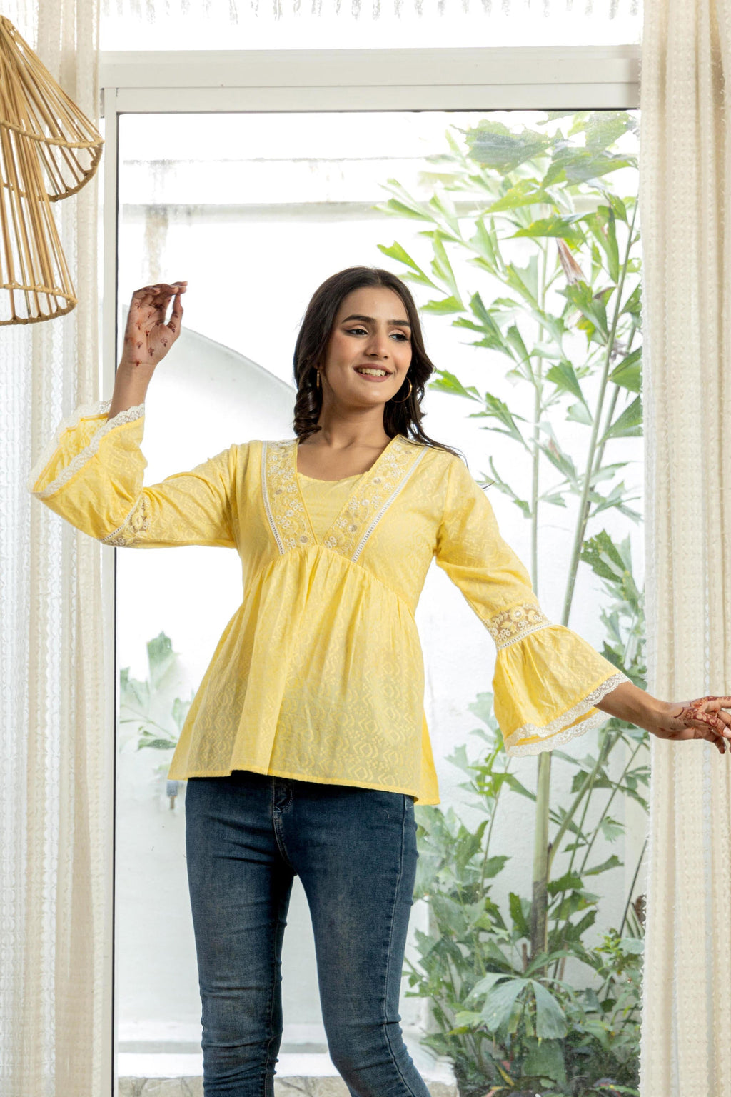Juniper Lime Yellow Ethnic Peplum Top with Lace & Sequin Embroidery