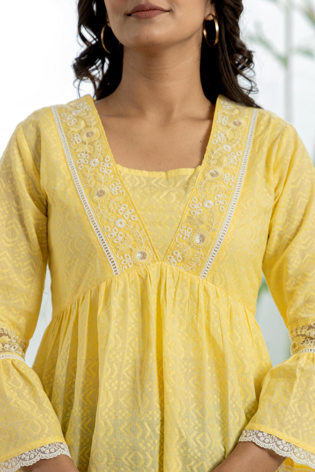 Juniper Lime Yellow Ethnic Peplum Top with Lace & Sequin Embroidery