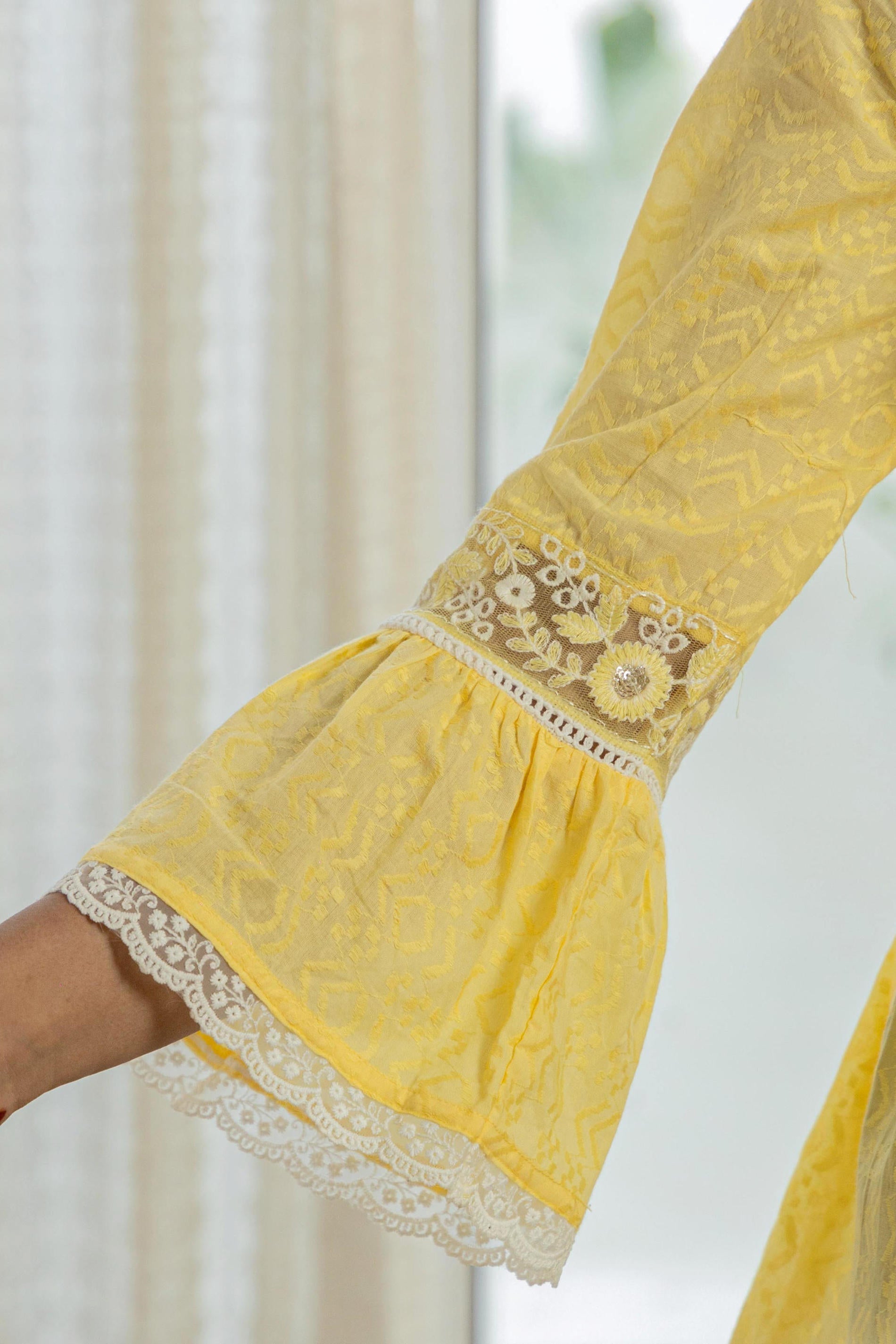 Juniper Lime Yellow Ethnic Peplum Top with Lace & Sequin Embroidery
