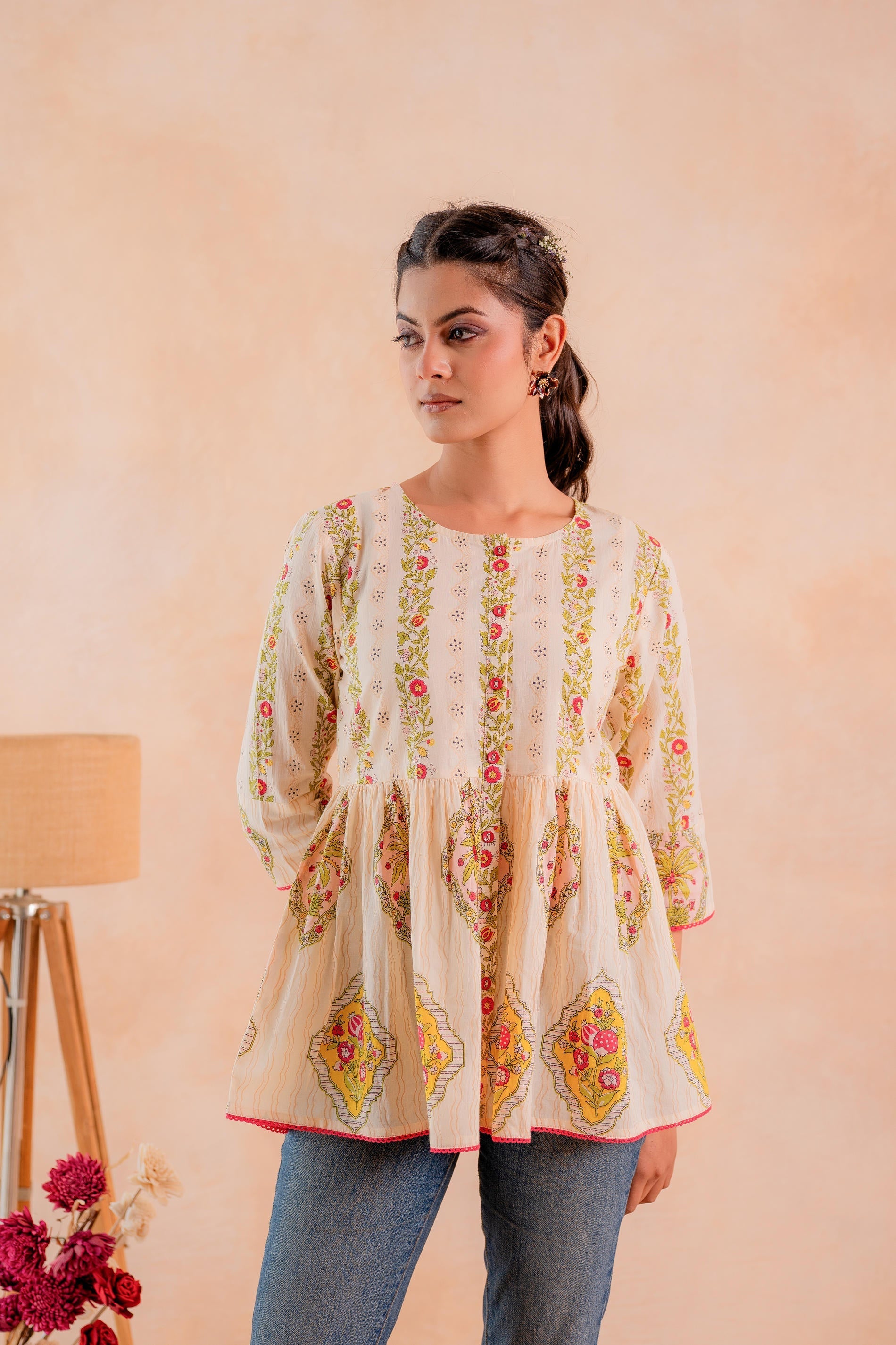 Juniper Beige Printed Flared Ethnic Tunic with Button Placket