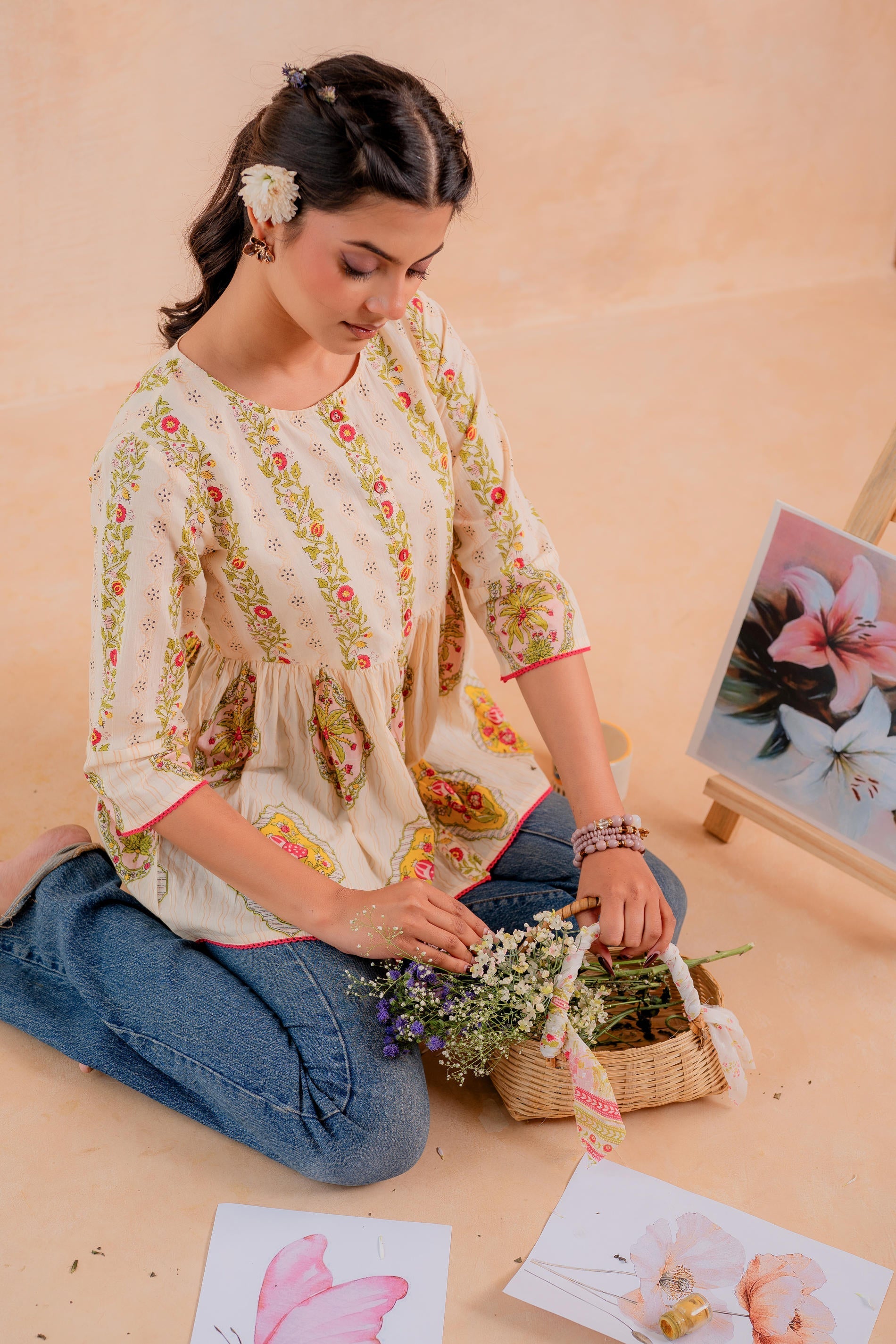 Juniper Beige Printed Flared Ethnic Tunic with Button Placket