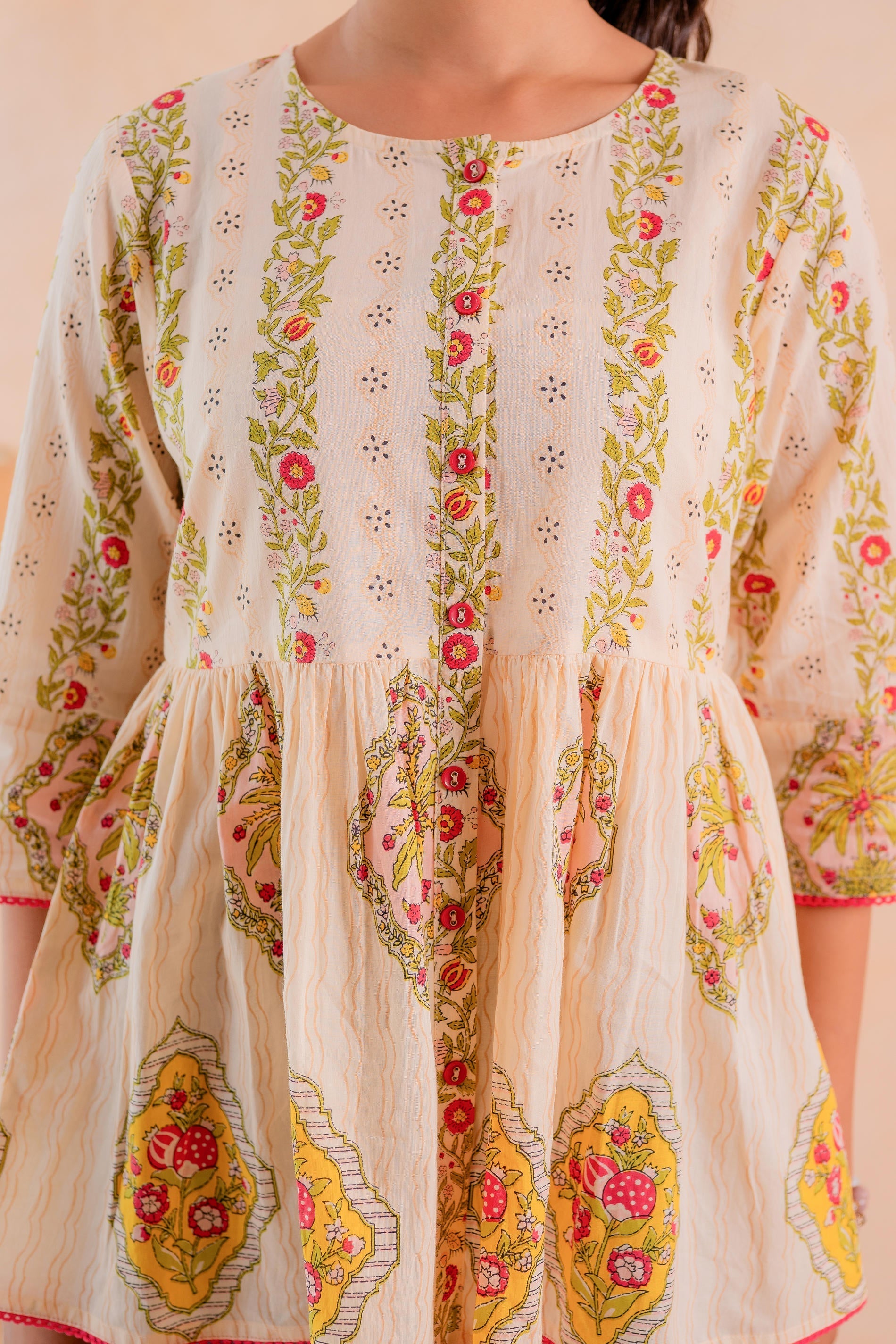 Juniper Beige Printed Flared Ethnic Tunic with Button Placket