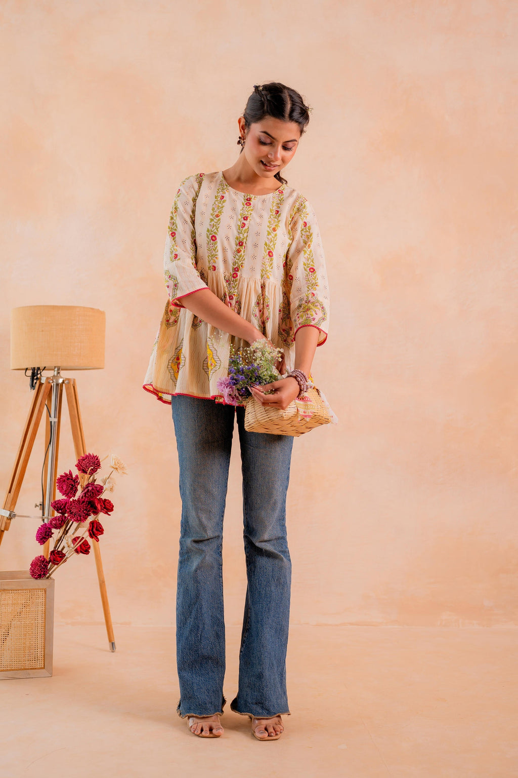 Juniper Beige Printed Flared Ethnic Tunic with Button Placket