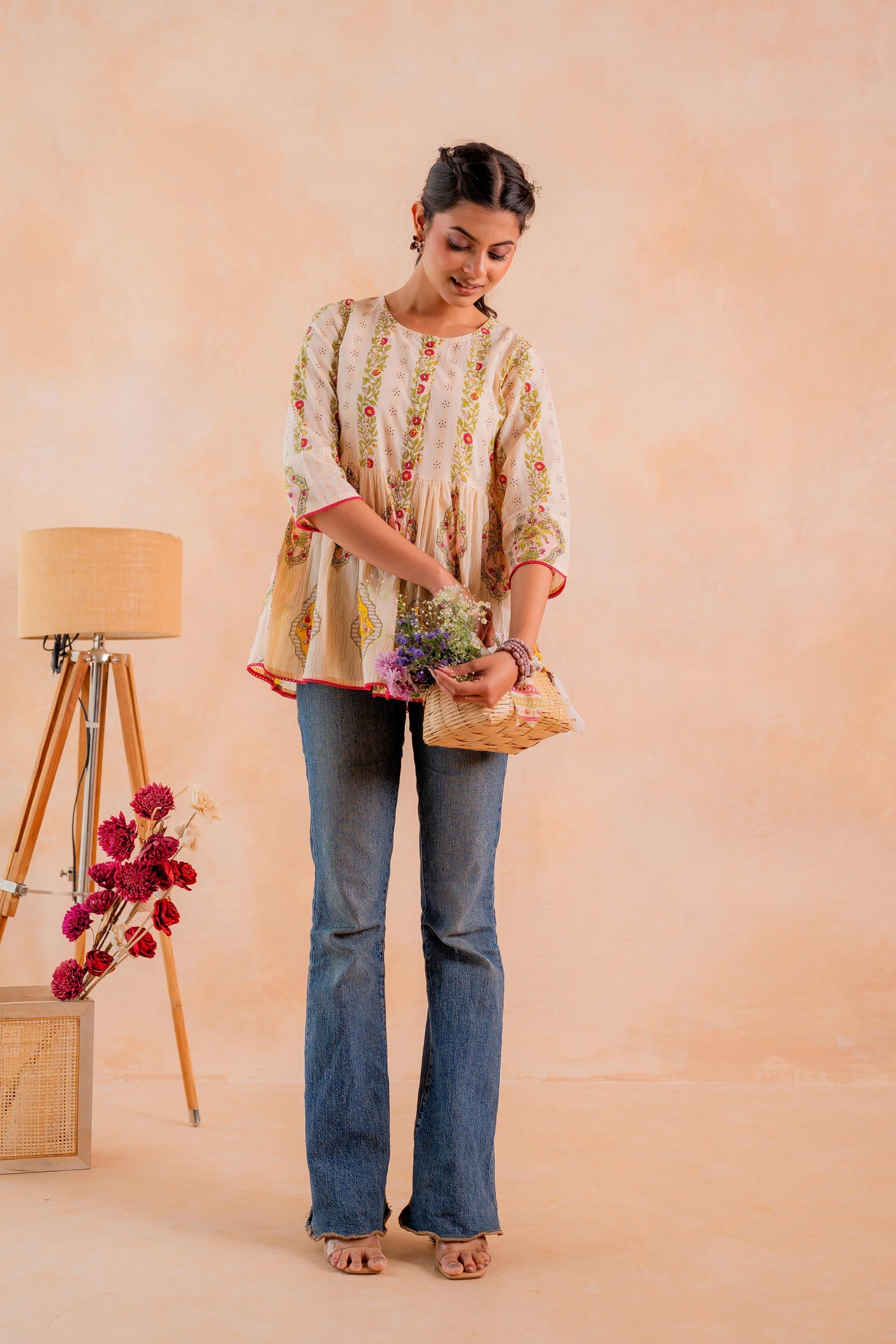 Juniper Beige Printed Flared Ethnic Tunic with Button Placket