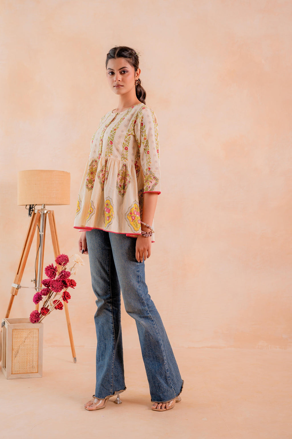 Juniper Beige Printed Flared Ethnic Tunic with Button Placket