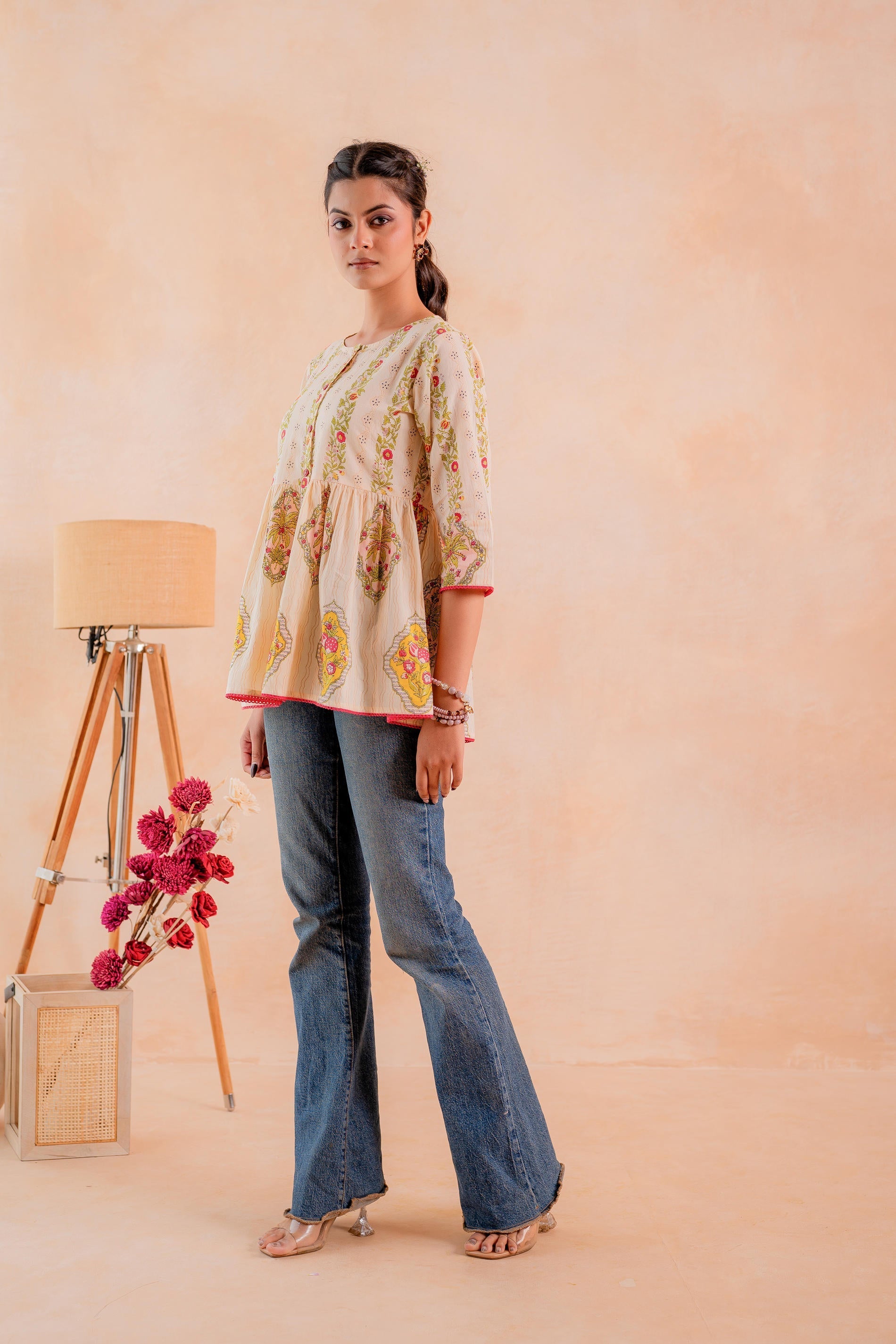 Juniper Beige Printed Flared Ethnic Tunic with Button Placket