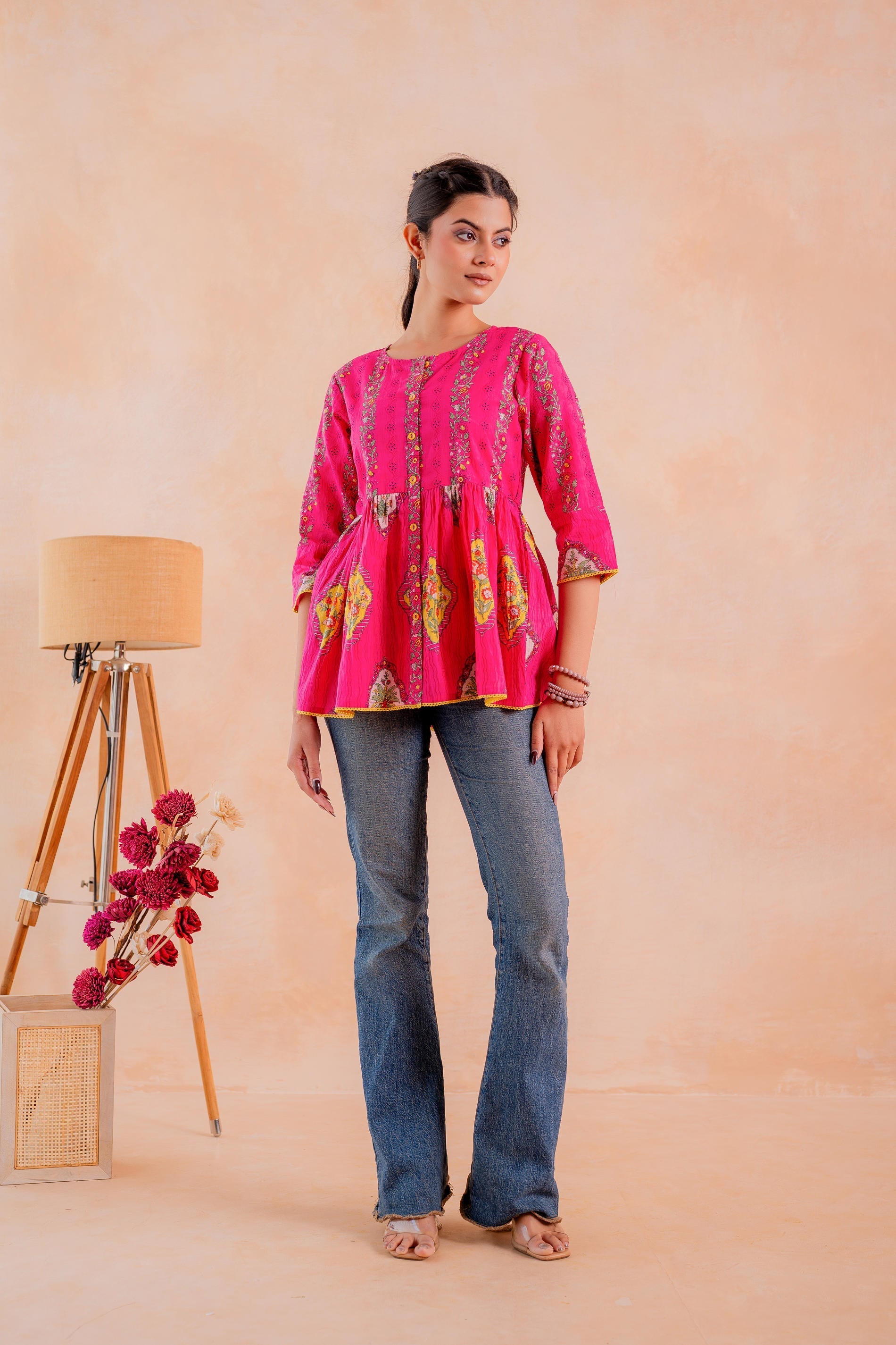 Juniper Fuchsia Printed Flared Ethnic Tunic with Button Placket