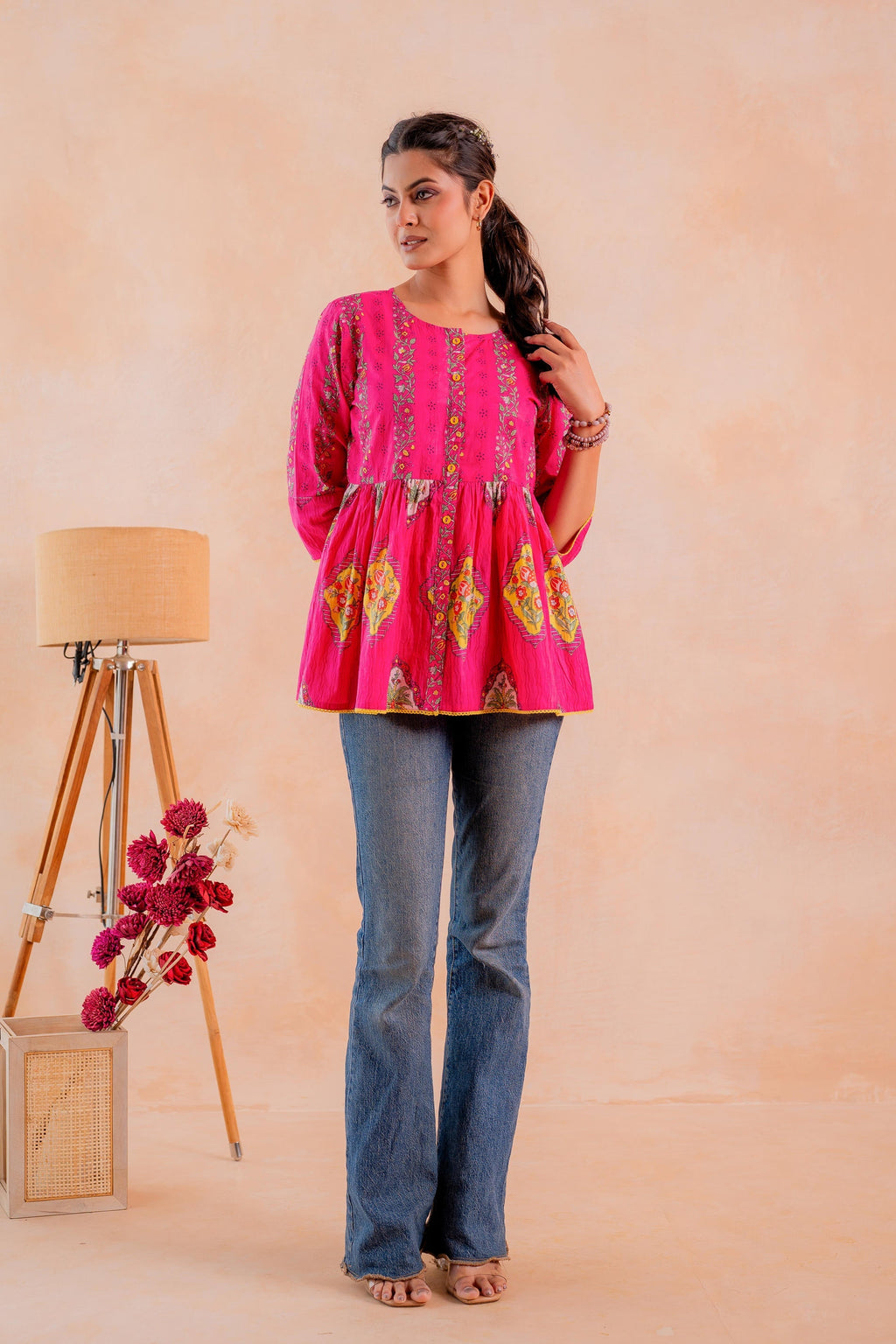 Juniper Fuchsia Printed Flared Ethnic Tunic with Button Placket