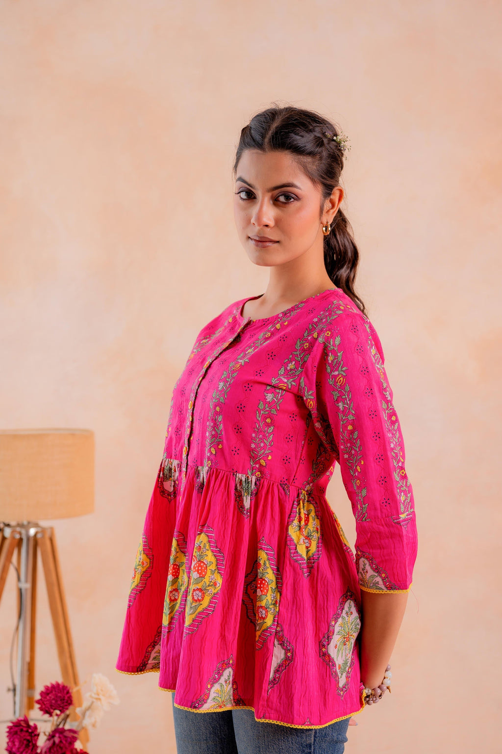 Juniper Fuchsia Printed Flared Ethnic Tunic with Button Placket