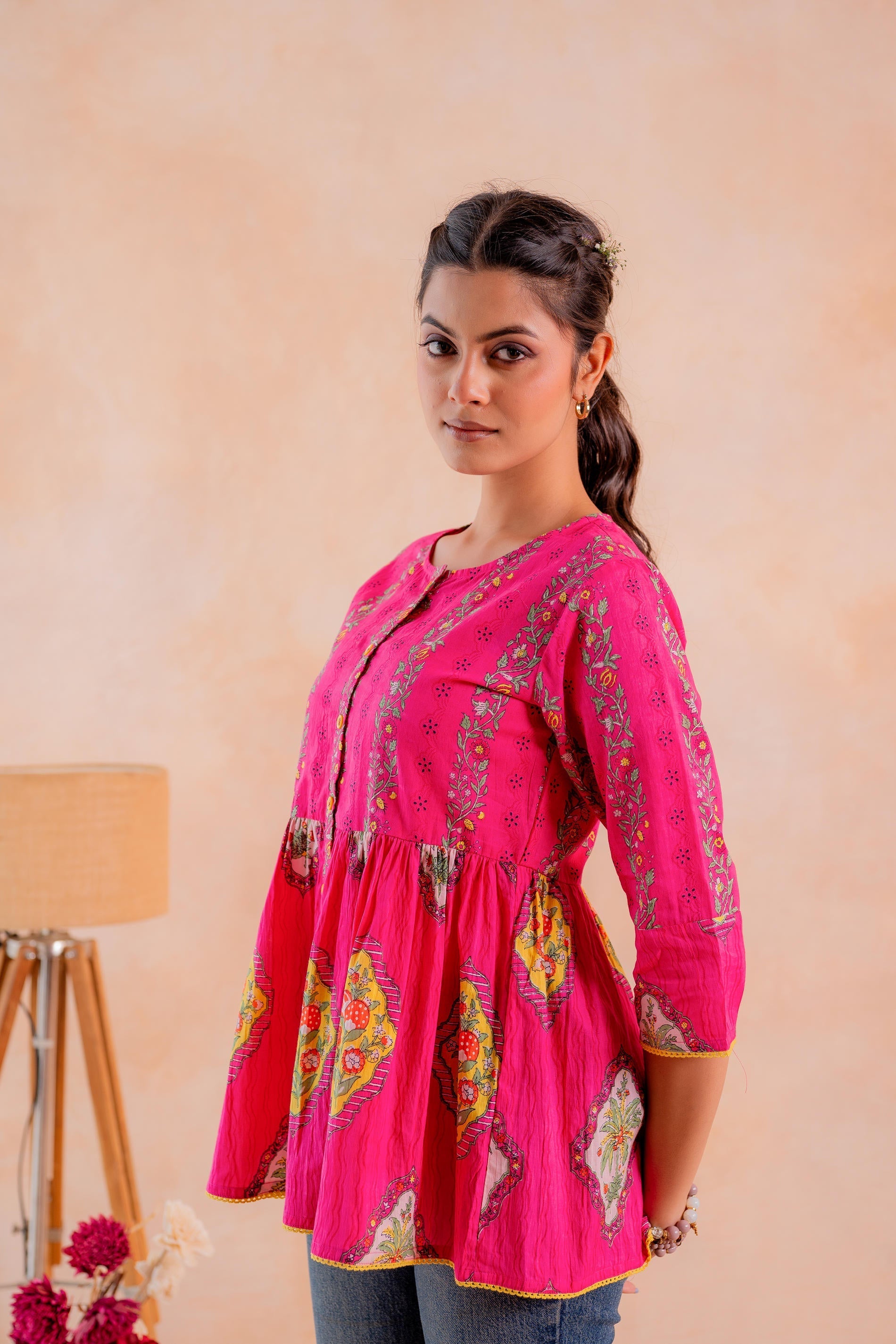 Juniper Fuchsia Printed Flared Ethnic Tunic with Button Placket
